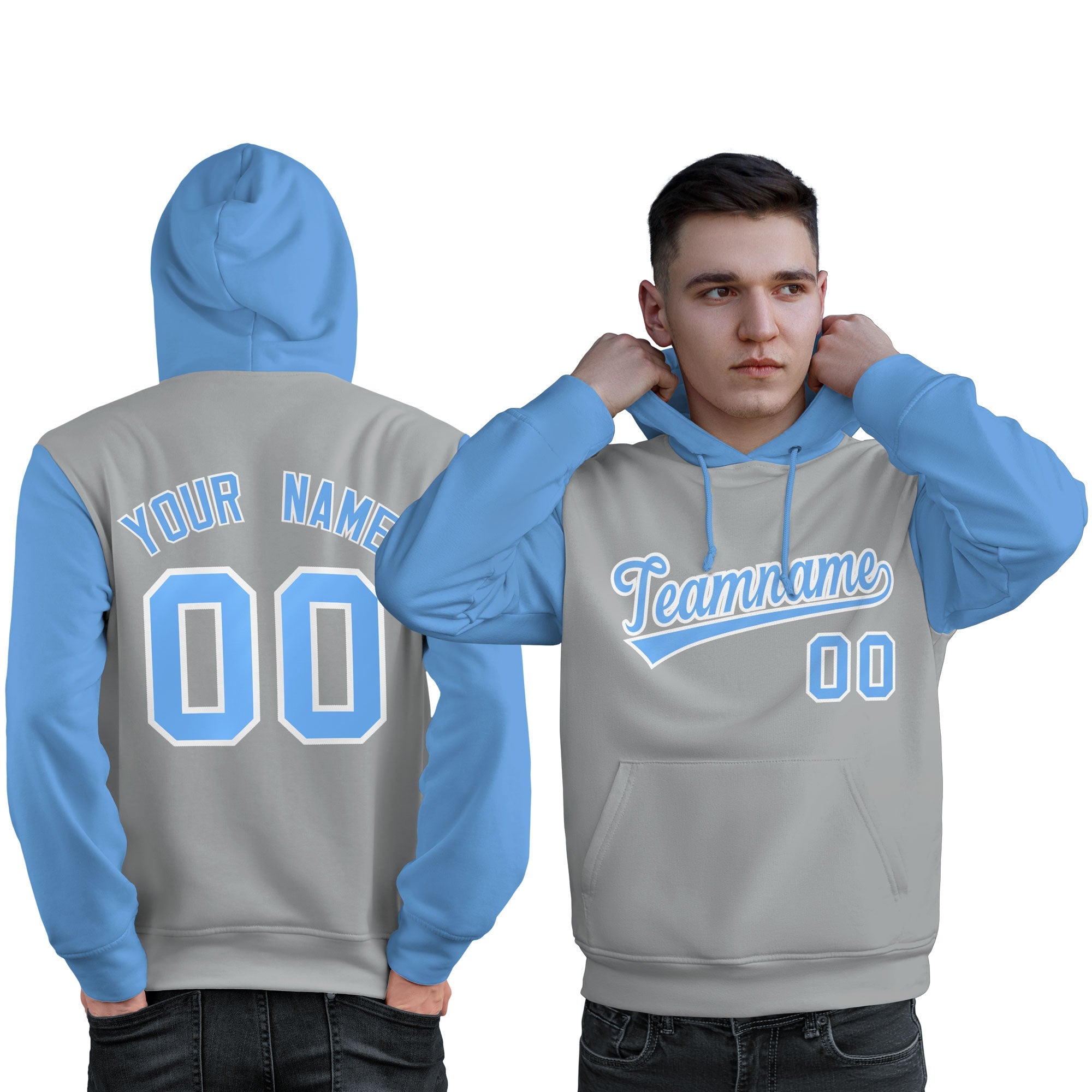 Custom Gray Light Blue-White Raglan Sleeves Pullover Personalized Sweatshirt Hoodie