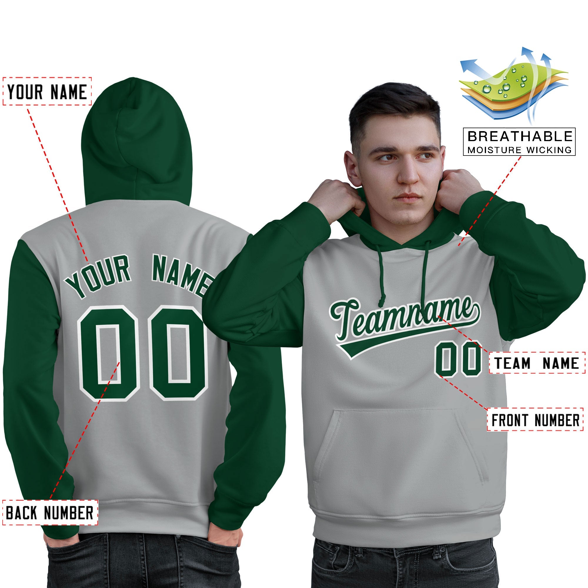 Custom Gray Green-White Raglan Sleeves Pullover Personalized Sweatshirt Hoodie