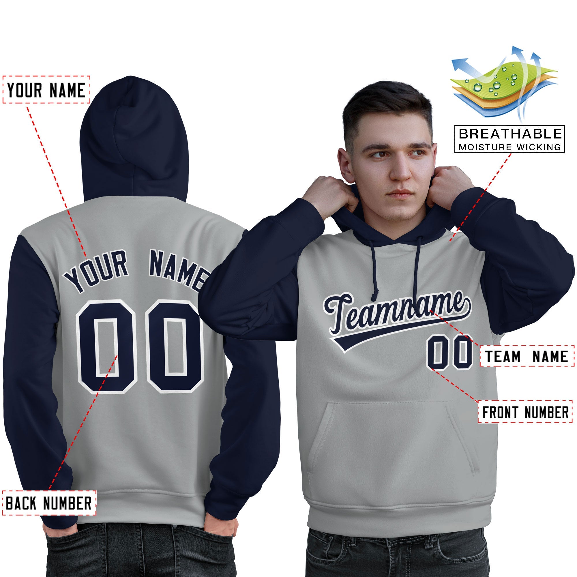 Custom Gray Navy-White Raglan Sleeves Pullover Personalized Sweatshirt Hoodie