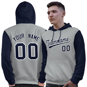 Custom Gray Navy-White Raglan Sleeves Pullover Personalized Sweatshirt Hoodie