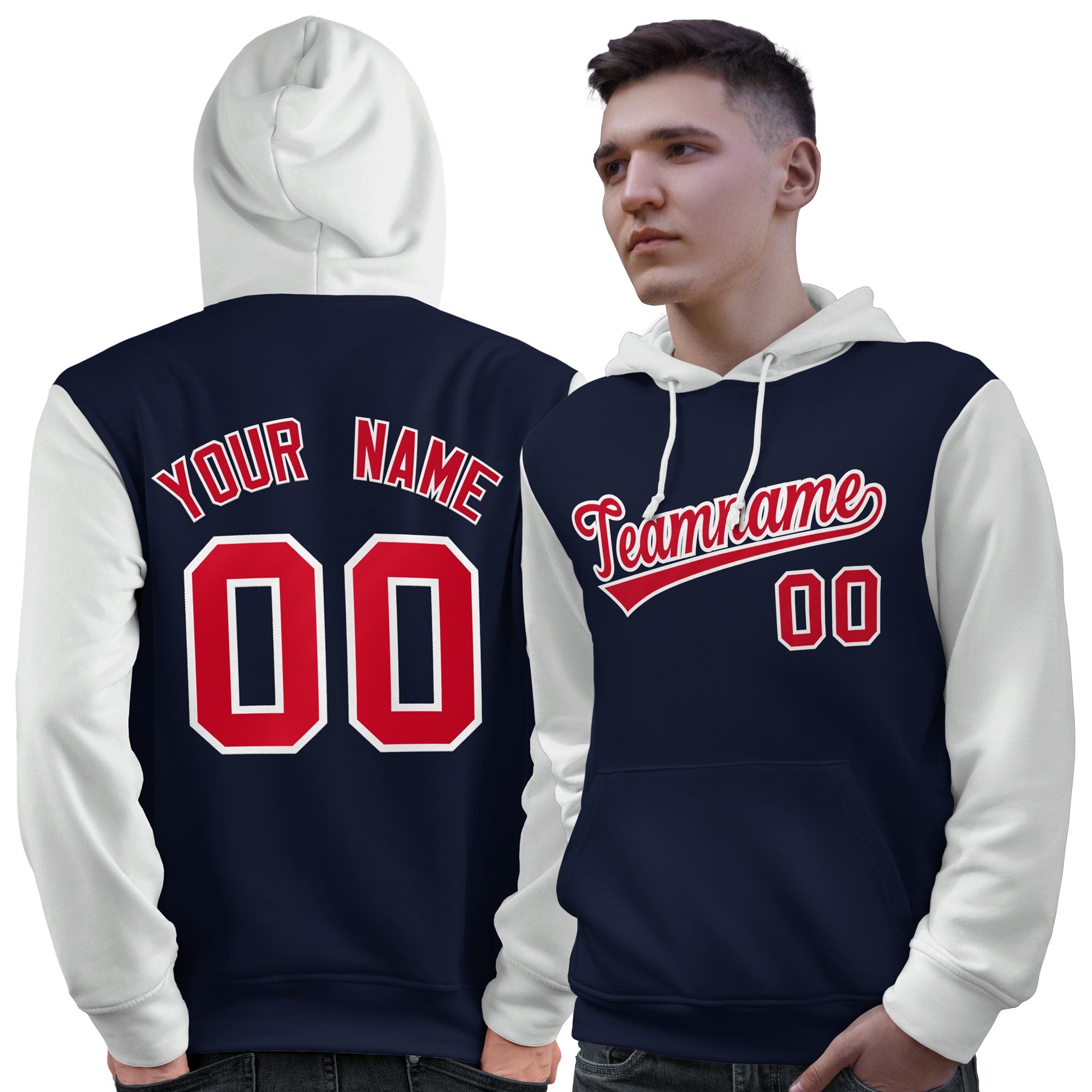 Custom Navy Red-White Raglan Sleeves Pullover Personalized Sweatshirt Hoodie