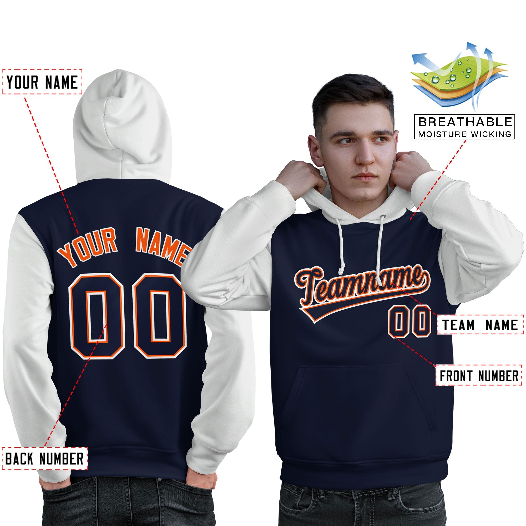 Custom Navy Orange-White Raglan Sleeves Pullover Personalized Sweatshirt Hoodie