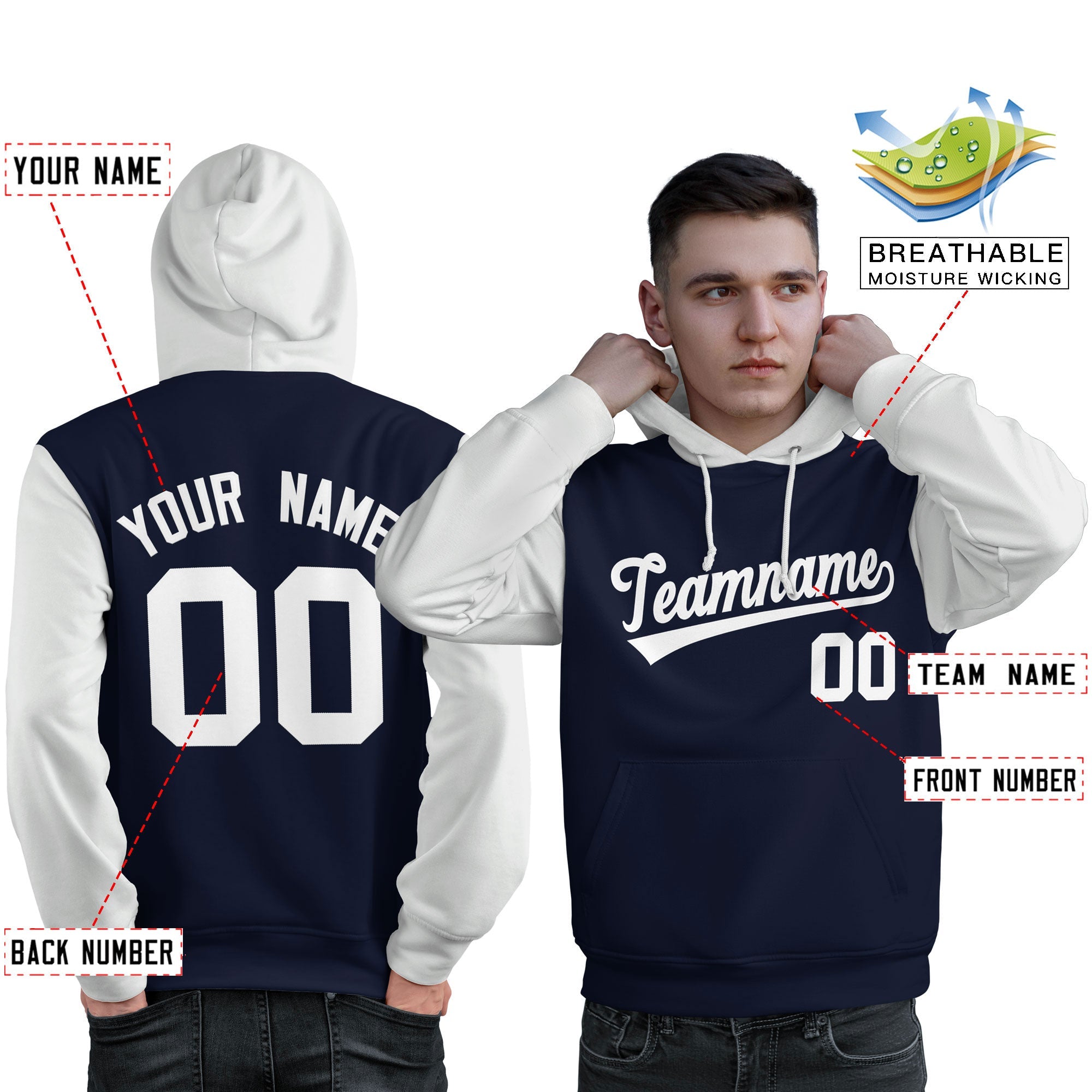 Custom Navy White Raglan Sleeves Pullover Personalized Sweatshirt Hoodie