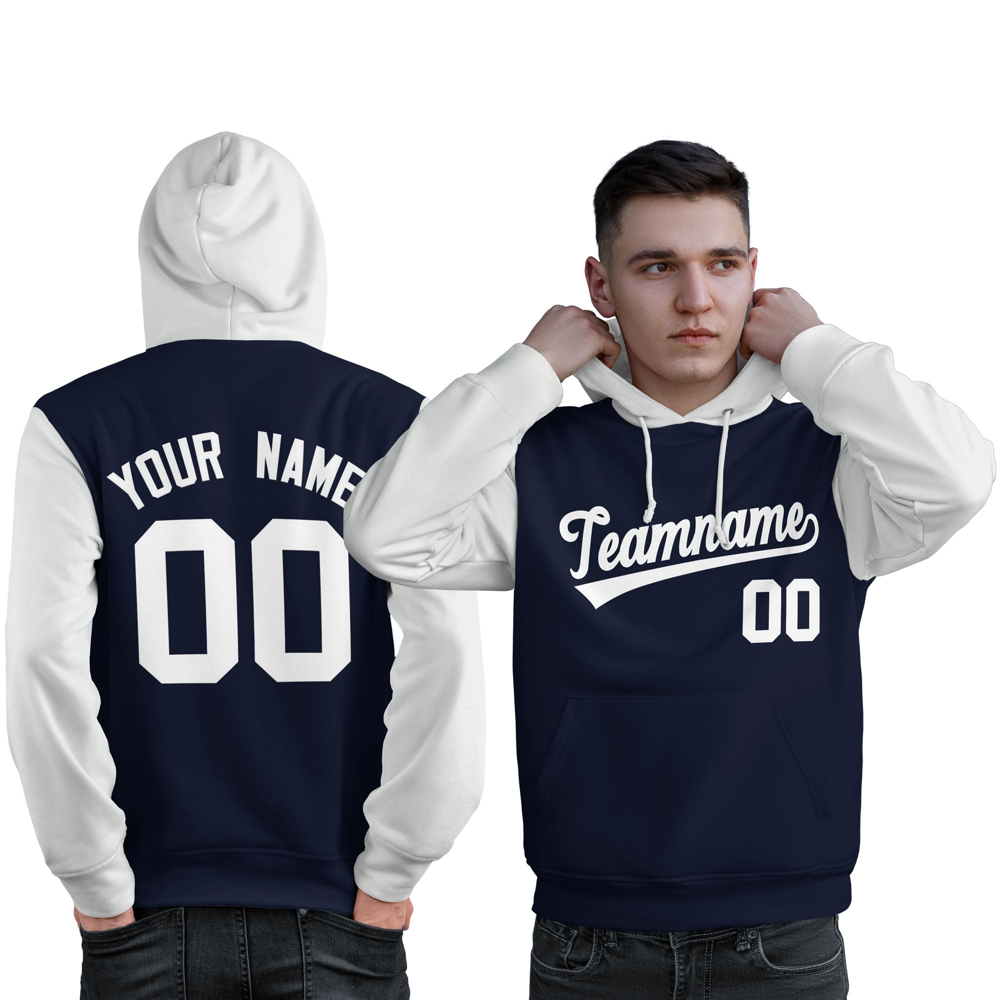 Custom Navy White Raglan Sleeves Pullover Personalized Sweatshirt Hoodie