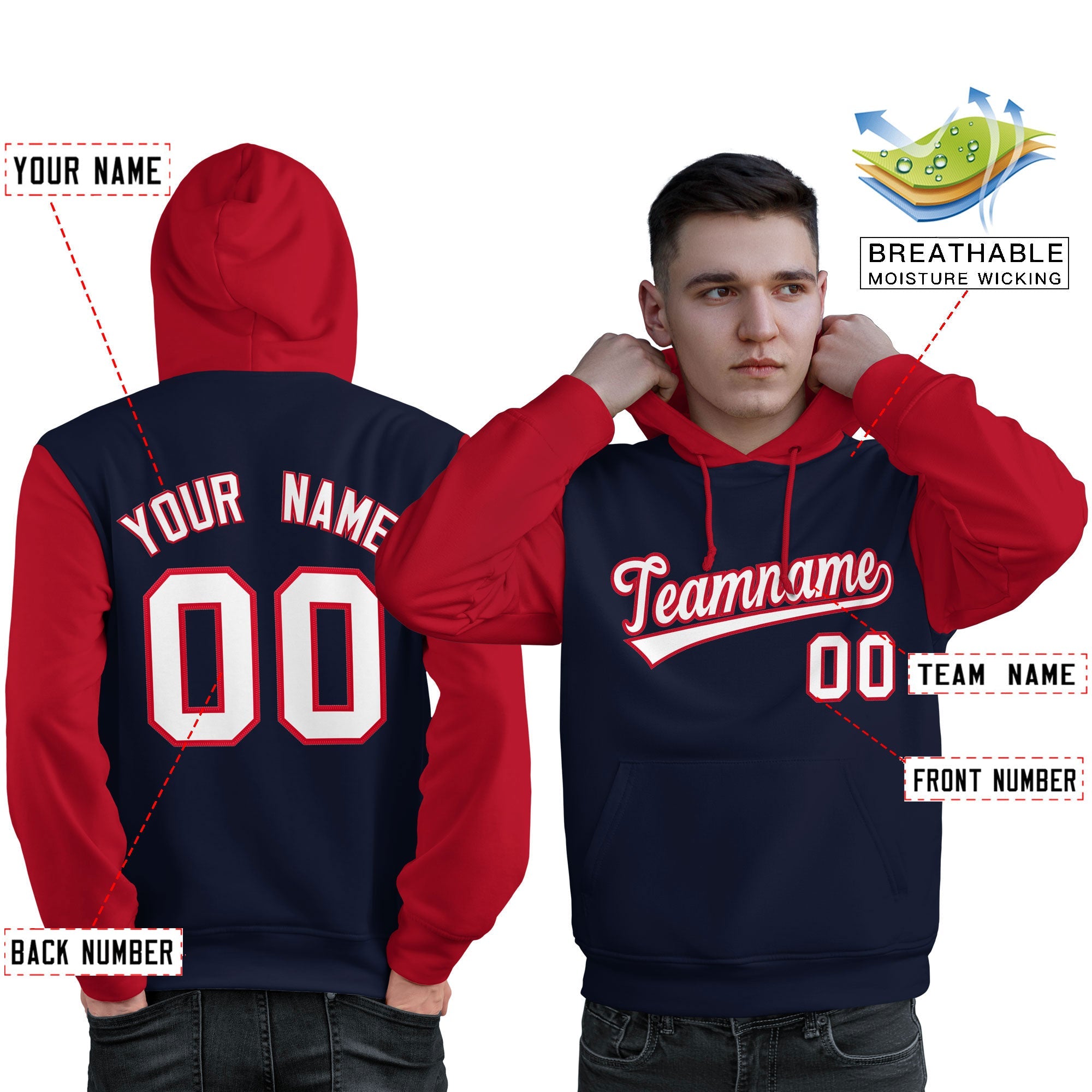 Custom Navy White-Red Raglan Sleeves Pullover Personalized Sweatshirt Hoodie