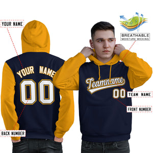 Custom Navy White-Gold Raglan Sleeves Pullover Personalized Sweatshirt Hoodie