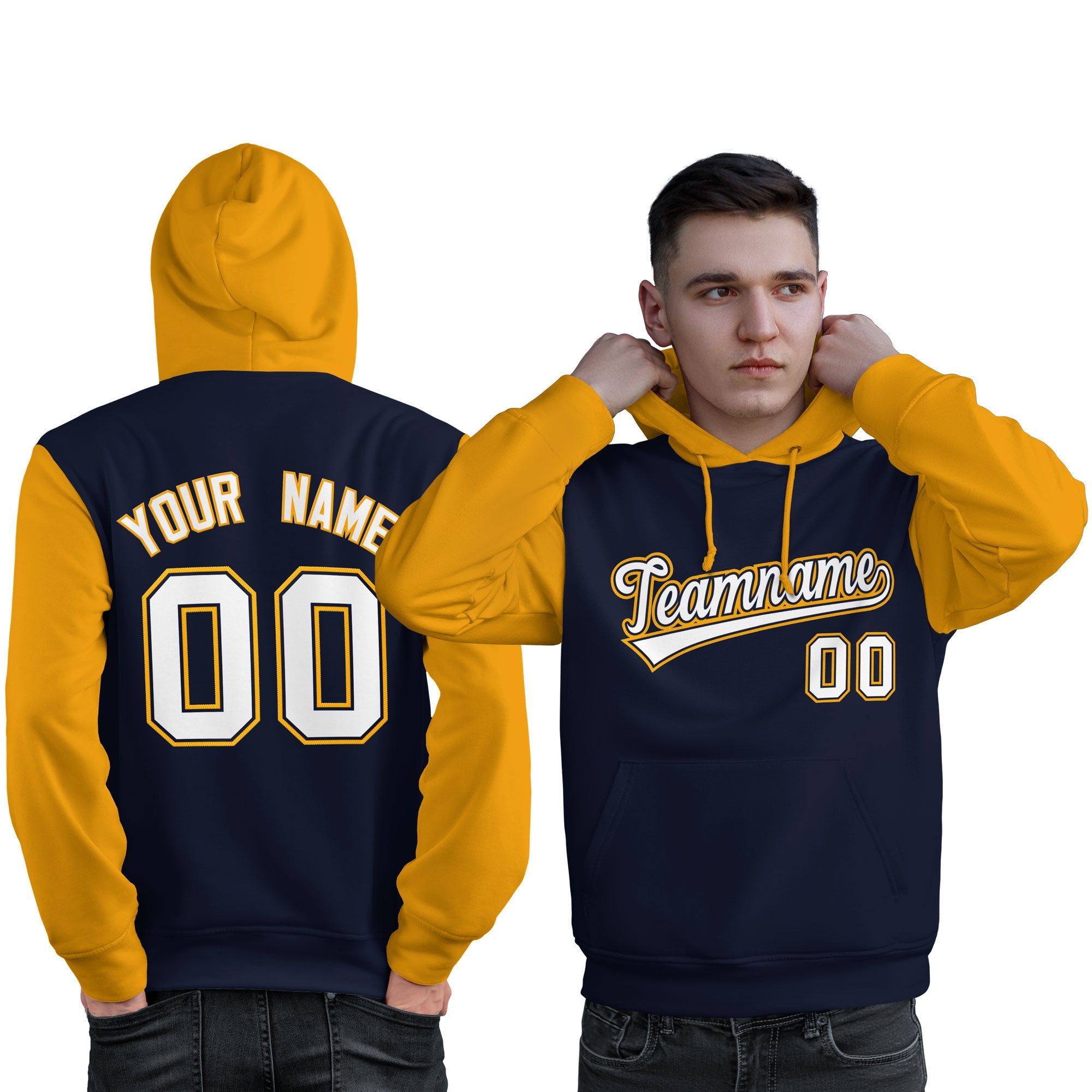 Custom Navy White-Gold Raglan Sleeves Pullover Personalized Sweatshirt Hoodie