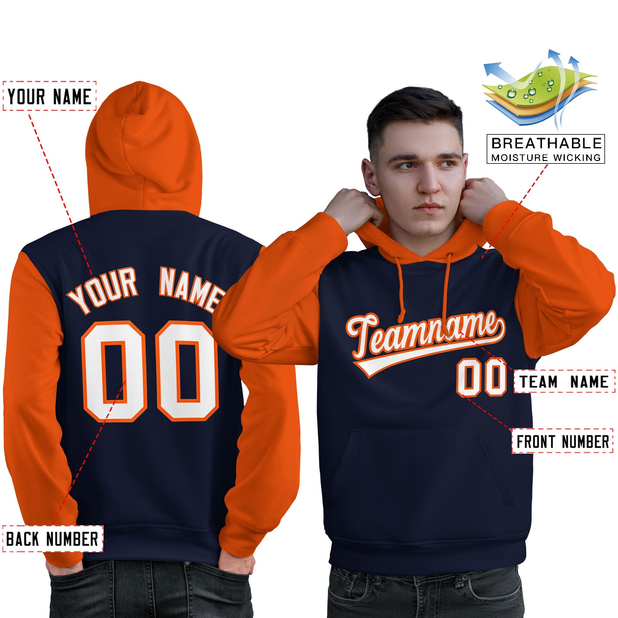 Custom Navy White-Orange Raglan Sleeves Pullover Personalized Sweatshirt Hoodie