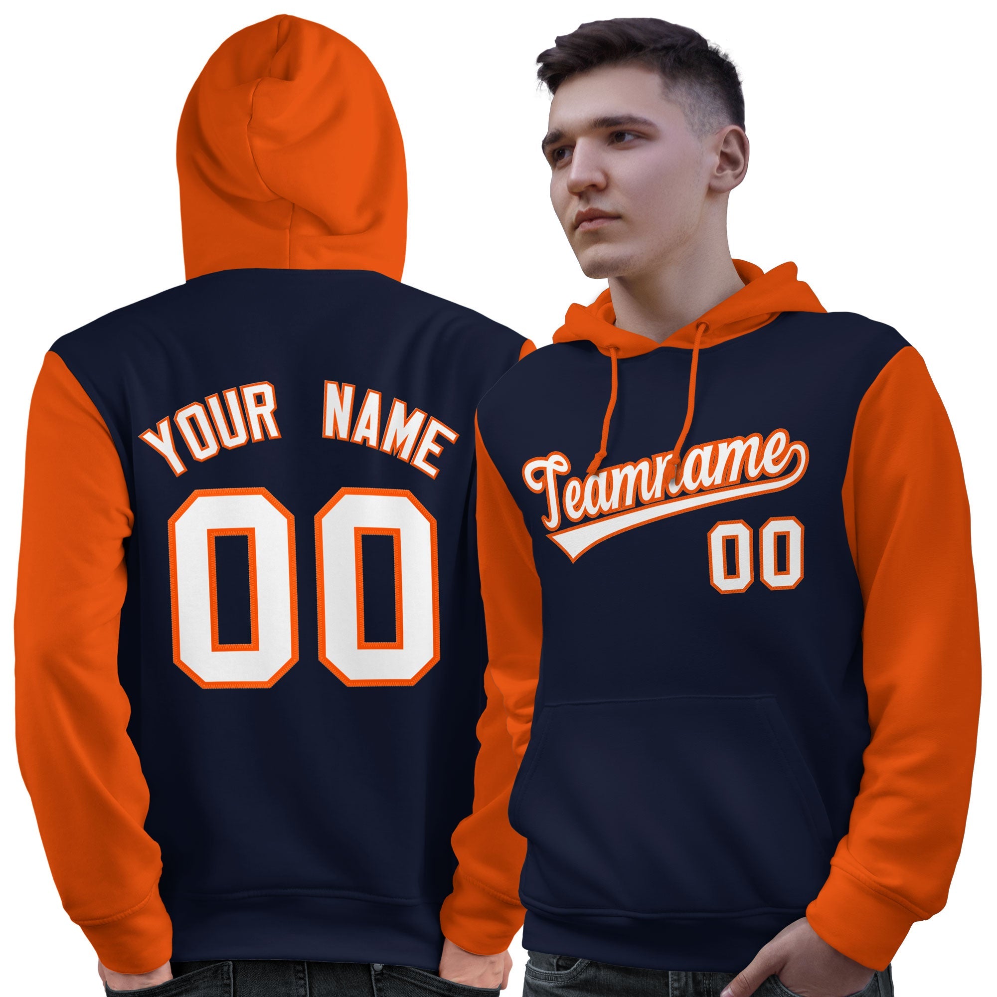 Custom Navy White-Orange Raglan Sleeves Pullover Personalized Sweatshirt Hoodie