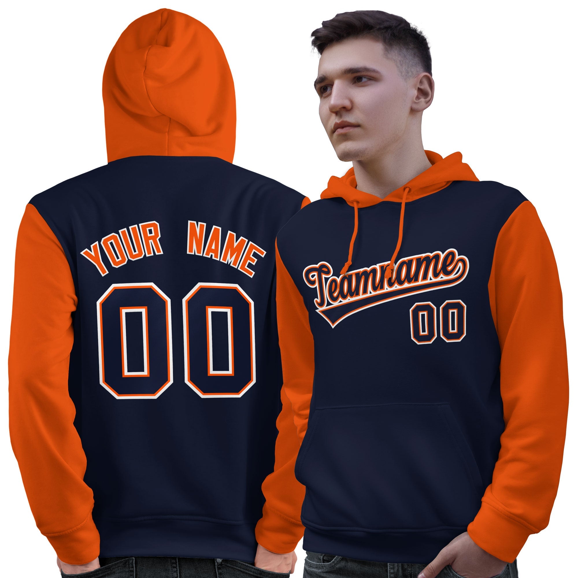 Custom Navy Orange-White Raglan Sleeves Pullover Personalized Sweatshirt Hoodie