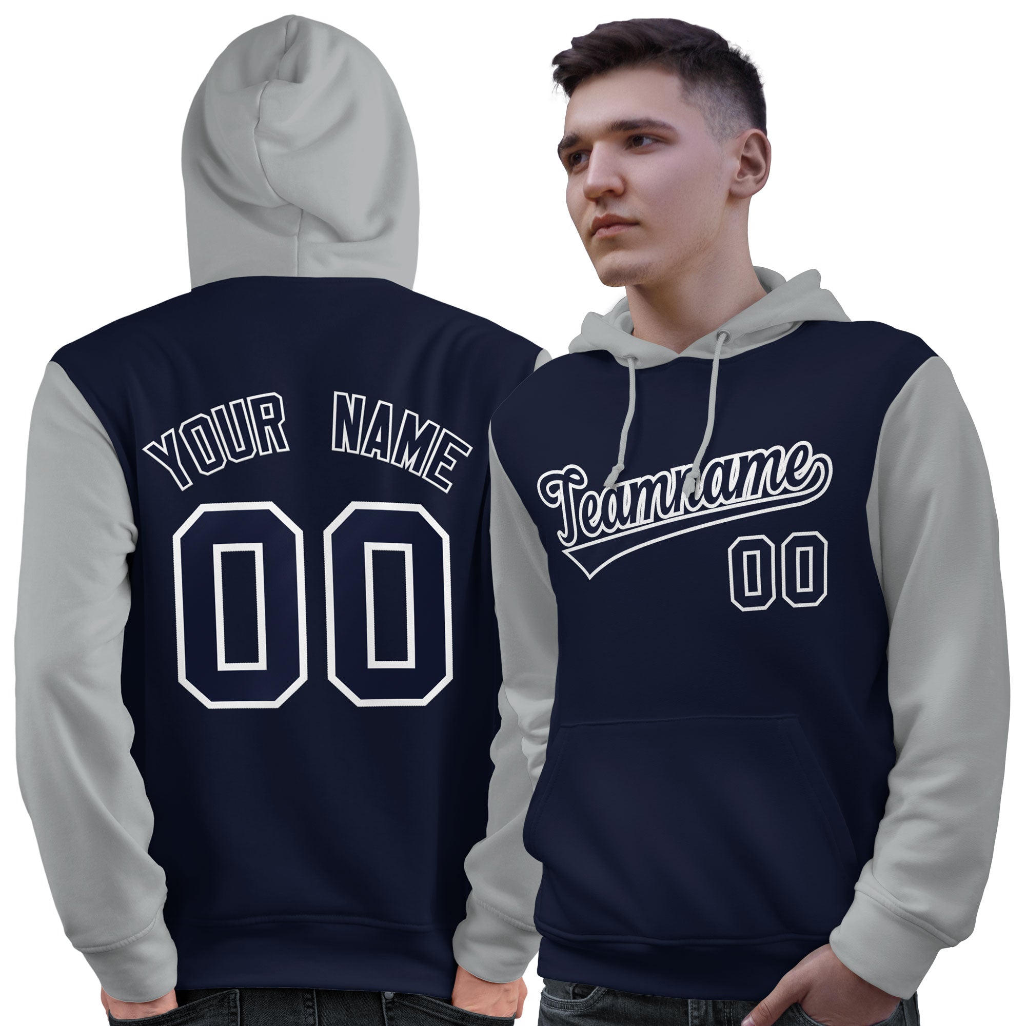 Custom Navy White-Gray Raglan Sleeves Pullover Personalized Sweatshirt Hoodie