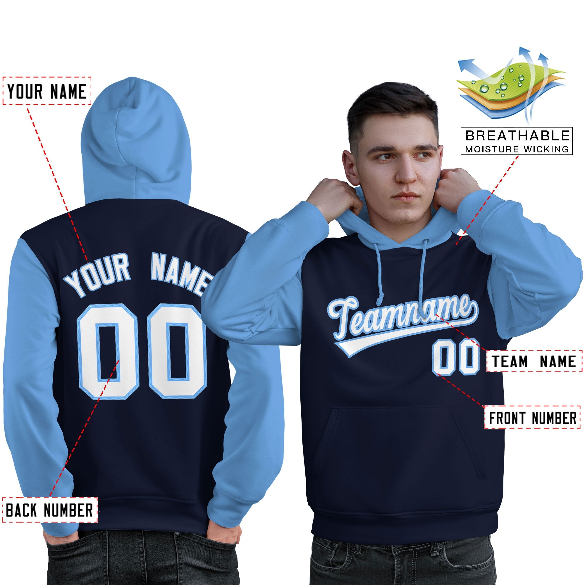 Custom Navy White-Light Blue Raglan Sleeves Pullover Personalized Sweatshirt Hoodie