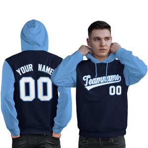 Custom Navy White-Light Blue Raglan Sleeves Pullover Personalized Sweatshirt Hoodie