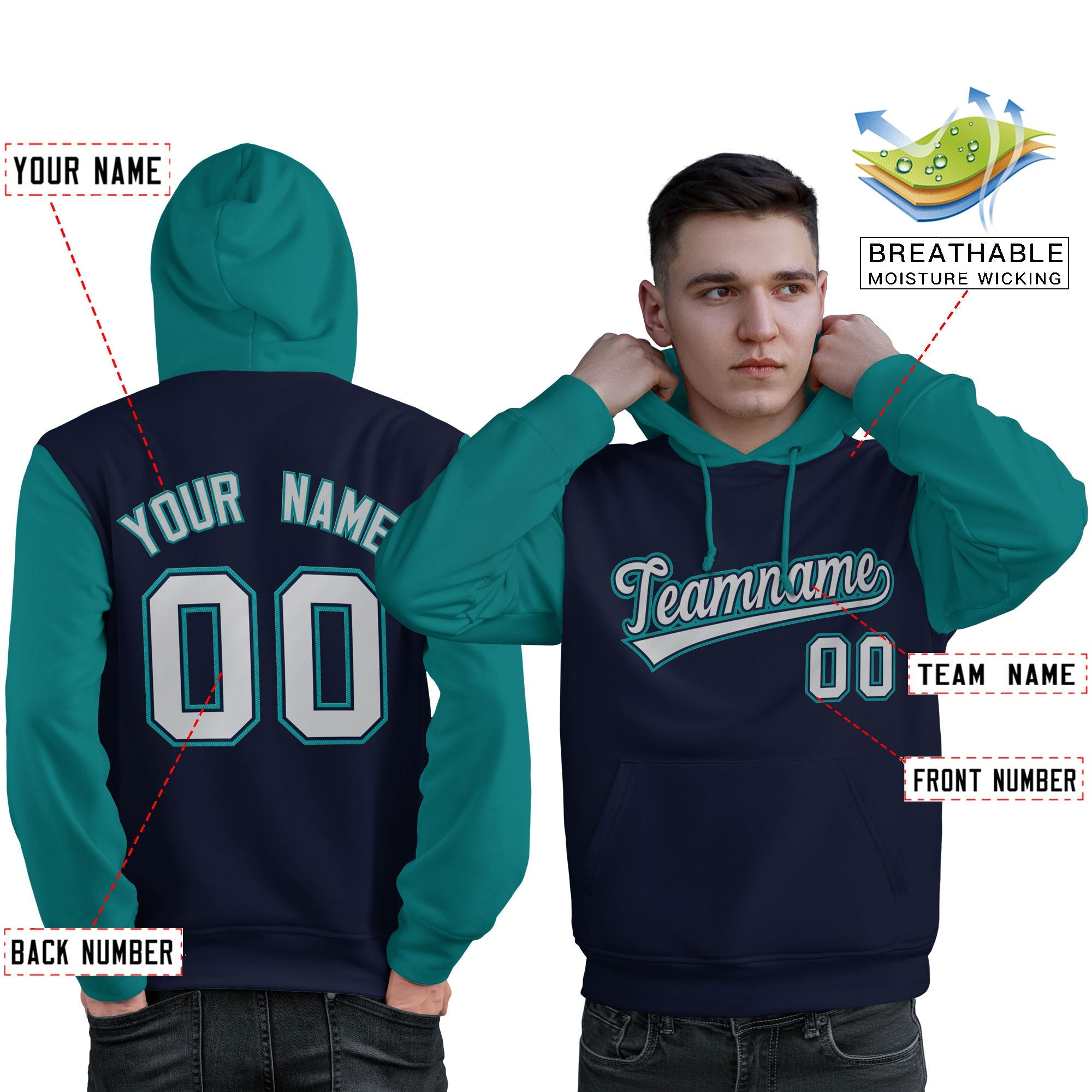 Custom Navy Gray-Aqua Raglan Sleeves Pullover Personalized Sweatshirt Hoodie