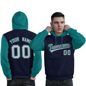 Custom Navy Gray-Aqua Raglan Sleeves Pullover Personalized Sweatshirt Hoodie