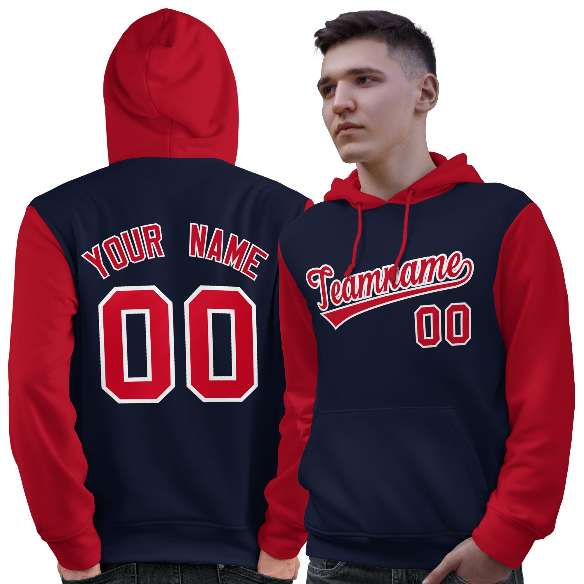 Custom Navy Red-White Raglan Sleeves Pullover Personalized Sweatshirt Hoodie