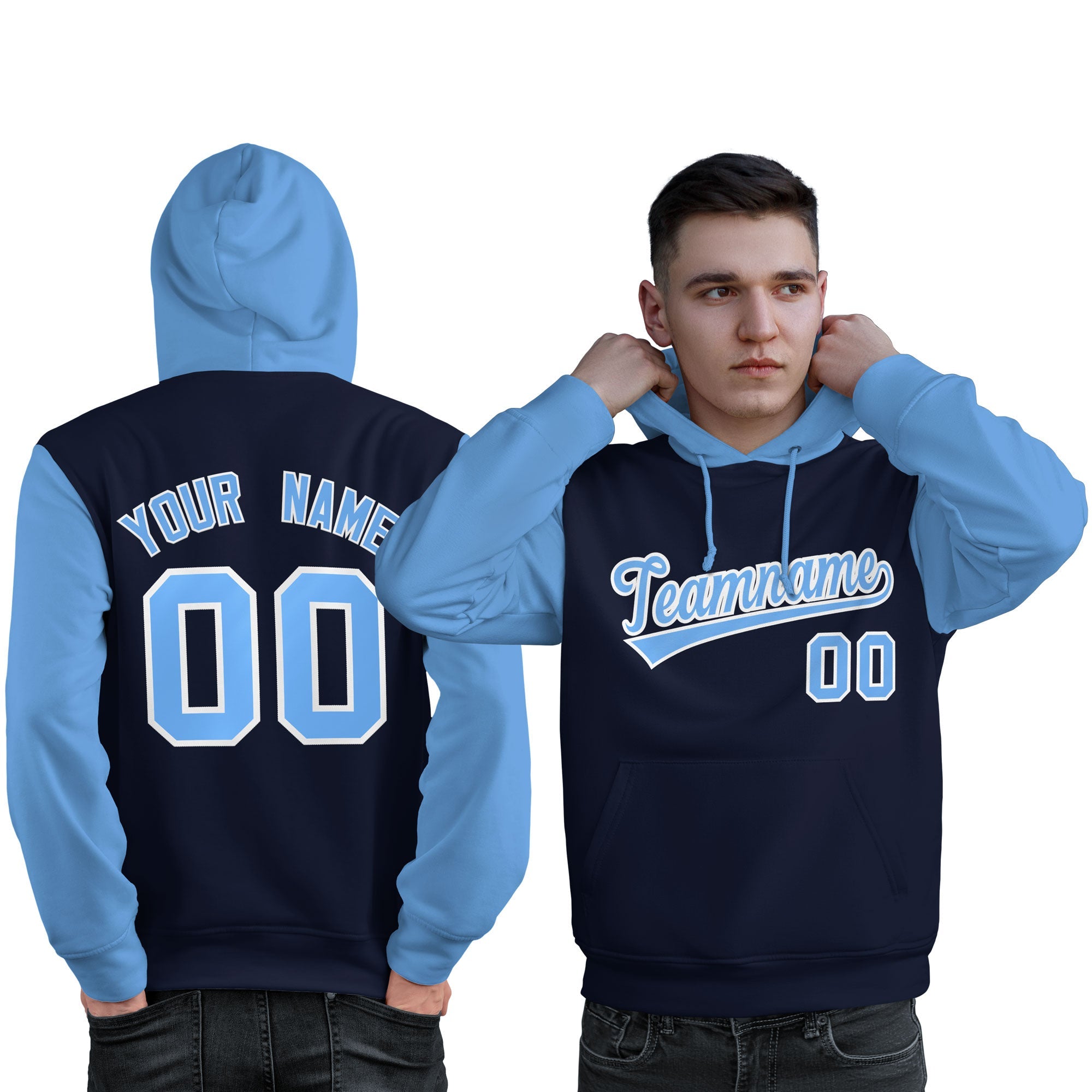 Custom Navy Lt Blue-White Raglan Sleeves Pullover Personalized Sweatshirt Hoodie