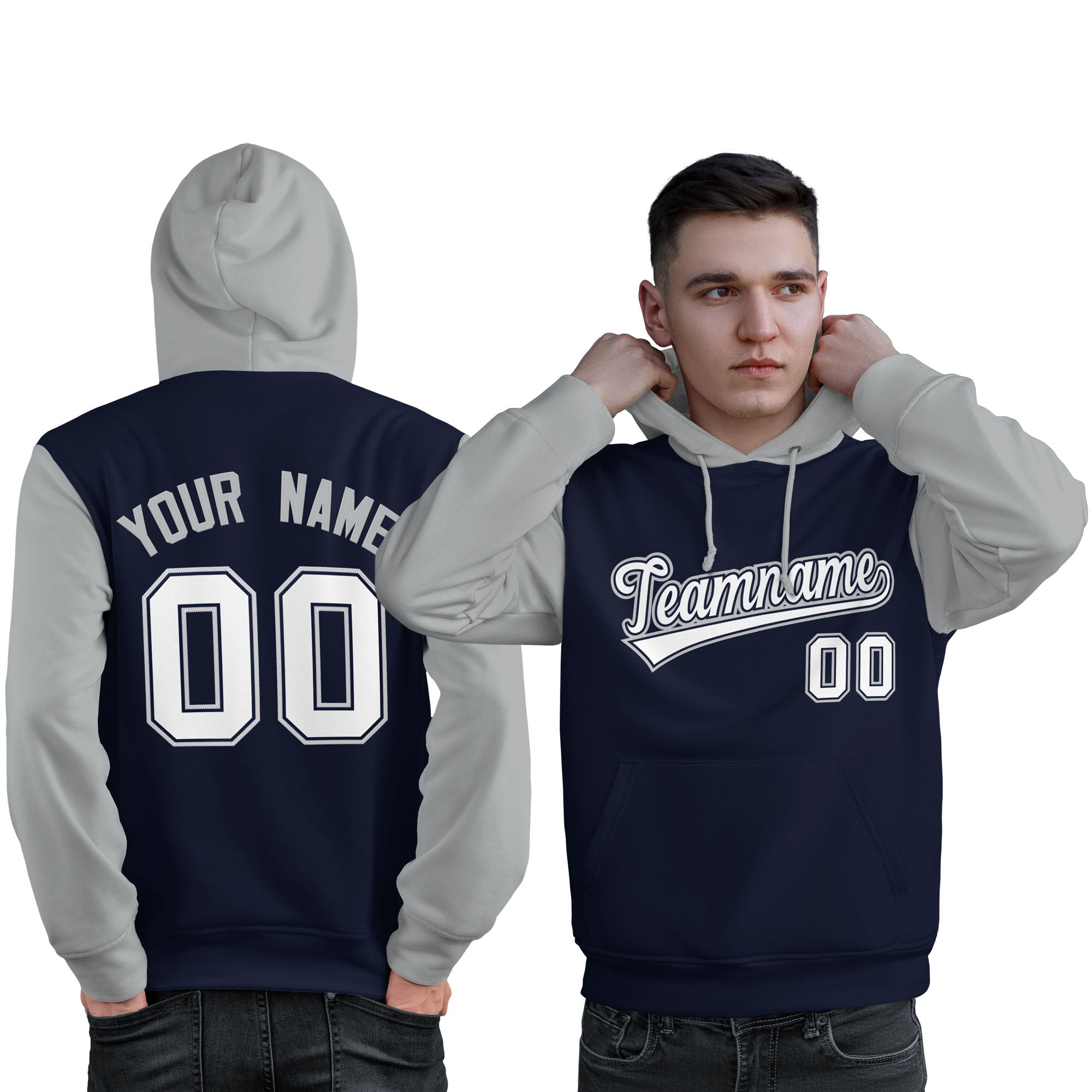 Custom Navy White-Gray Raglan Sleeves Pullover Personalized Sweatshirt Hoodie