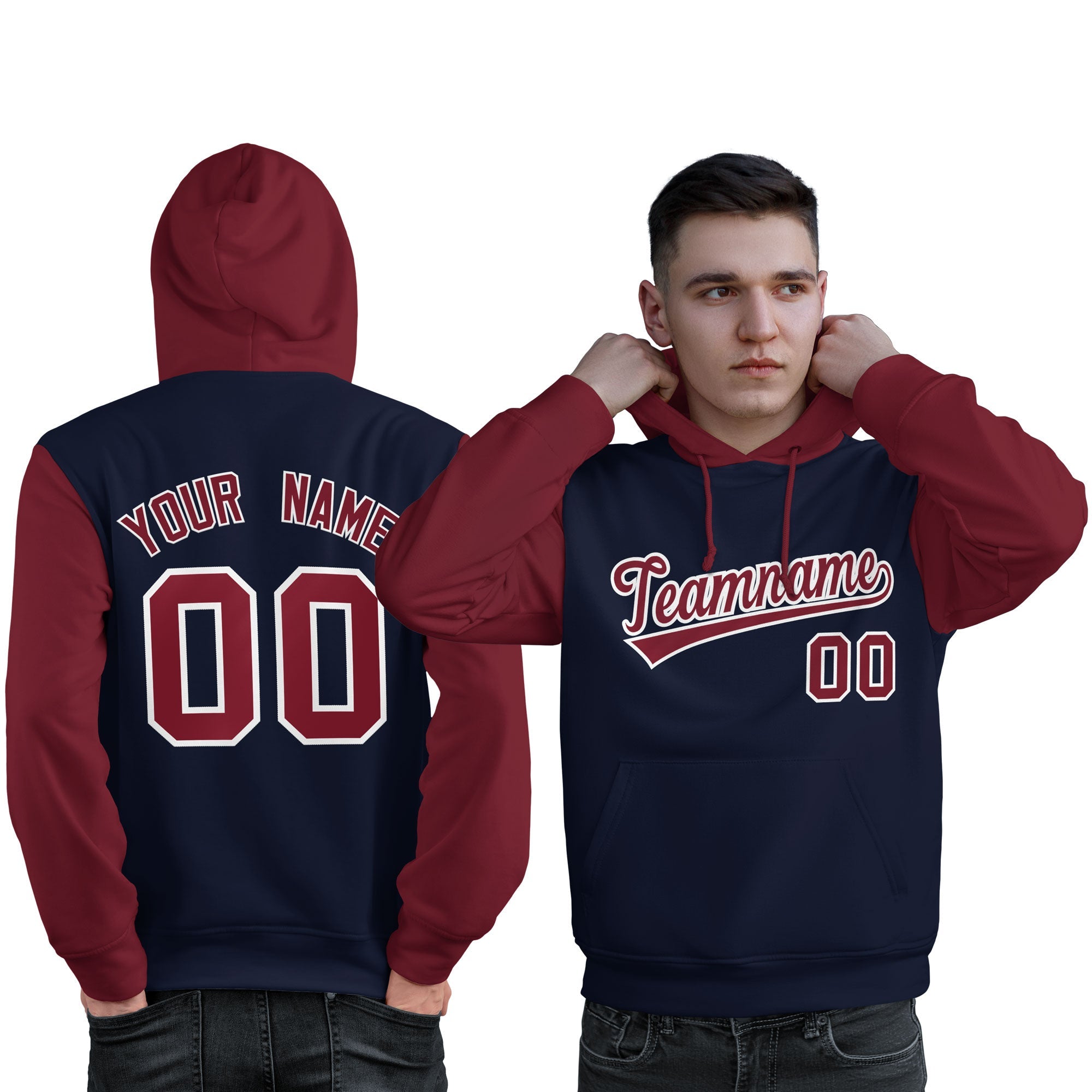 Custom Navy Crimson-White Raglan Sleeves Pullover Personalized Sweatshirt Hoodie