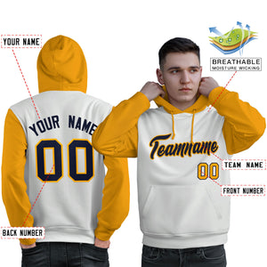 Custom White Navy-Gold Raglan Sleeves Pullover Personalized Sweatshirt Hoodie