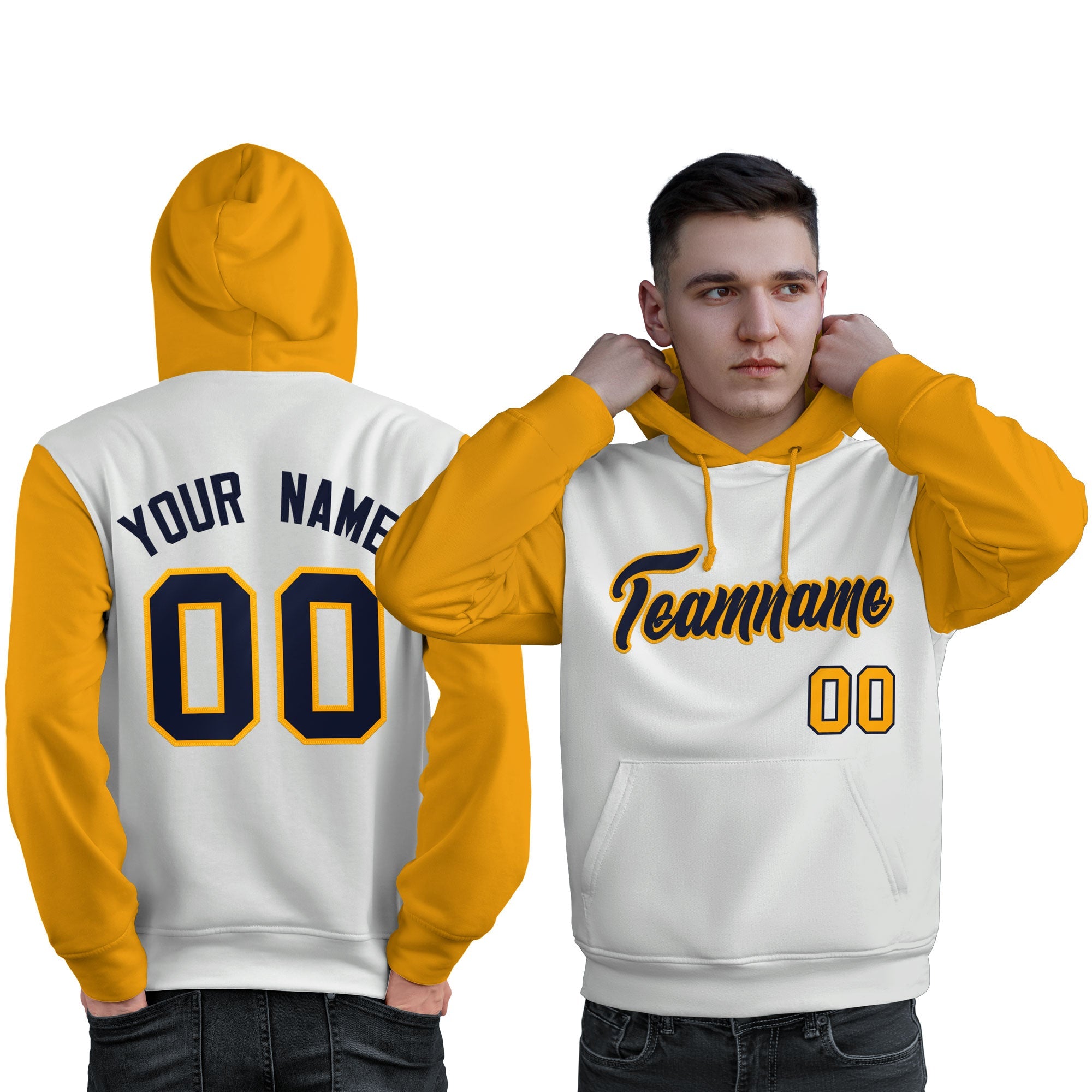 Custom White Navy-Gold Raglan Sleeves Pullover Personalized Sweatshirt Hoodie