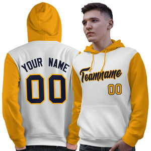 Custom White Navy-Gold Raglan Sleeves Pullover Personalized Sweatshirt Hoodie