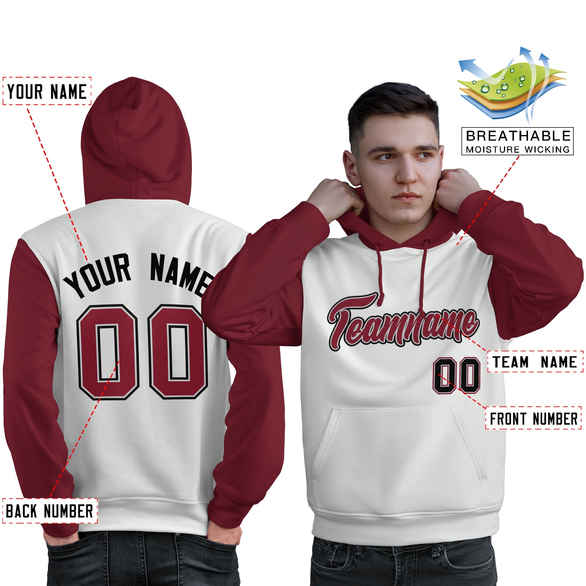 Custom White Crimson-Black Raglan Sleeves Pullover Personalized Sweatshirt Hoodie