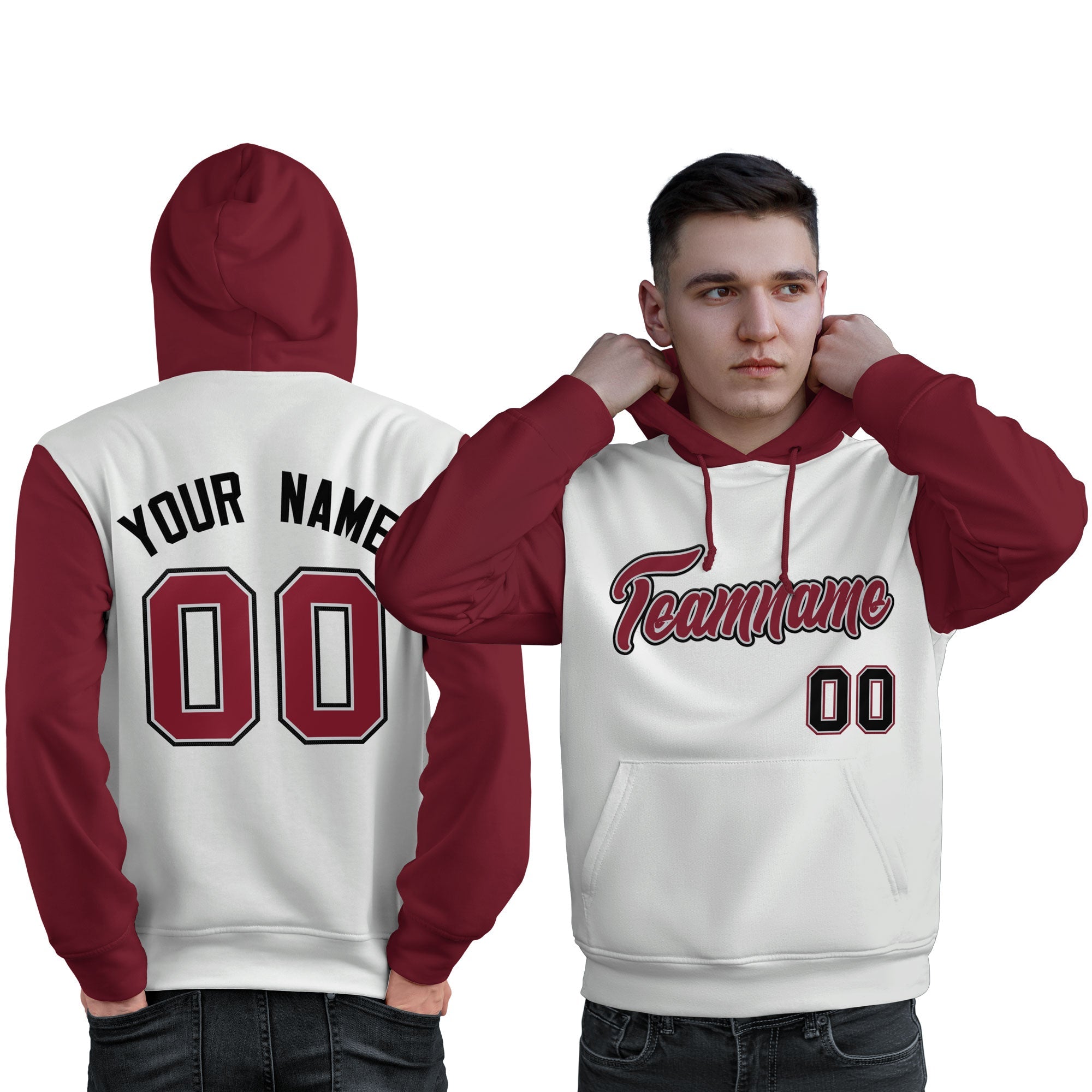 Custom White Crimson-Black Raglan Sleeves Pullover Personalized Sweatshirt Hoodie