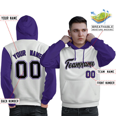 Custom White Black-Purple Raglan Sleeves Pullover Personalized Sweatshirt Hoodie