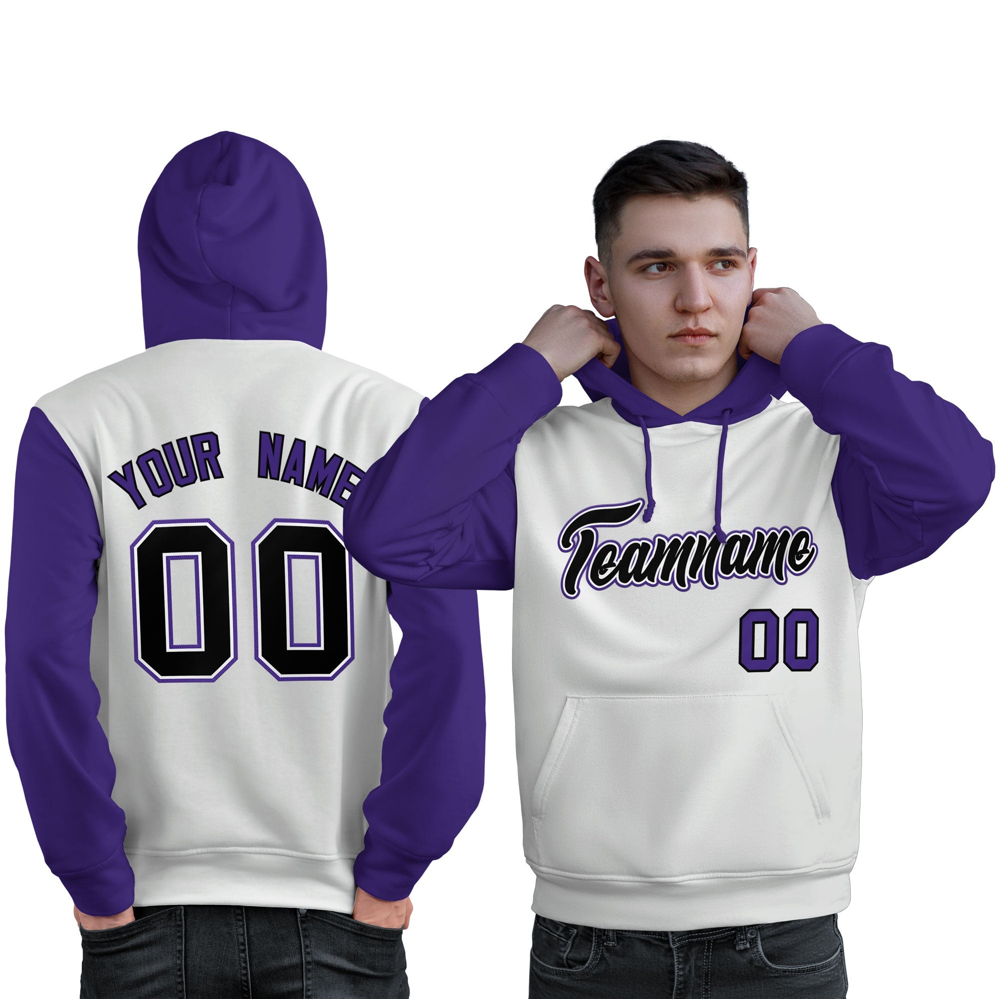 Custom White Black-Purple Raglan Sleeves Pullover Personalized Sweatshirt Hoodie