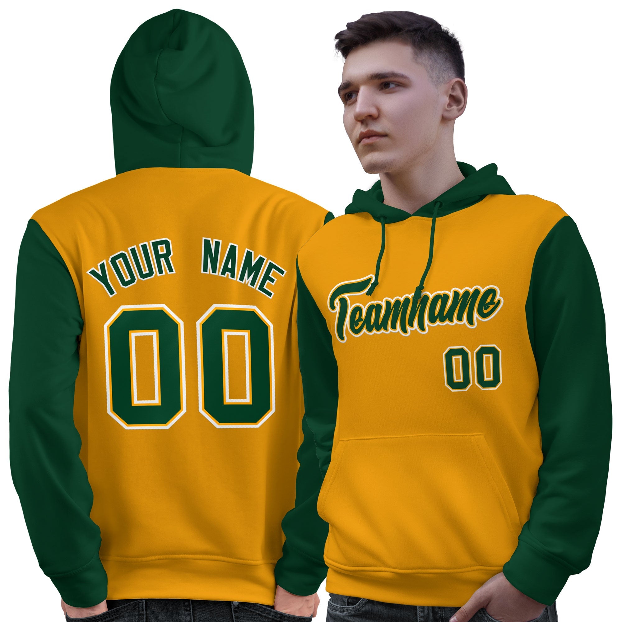 Custom Gold Green-White Raglan Sleeves Pullover Personalized Sweatshirt Hoodie