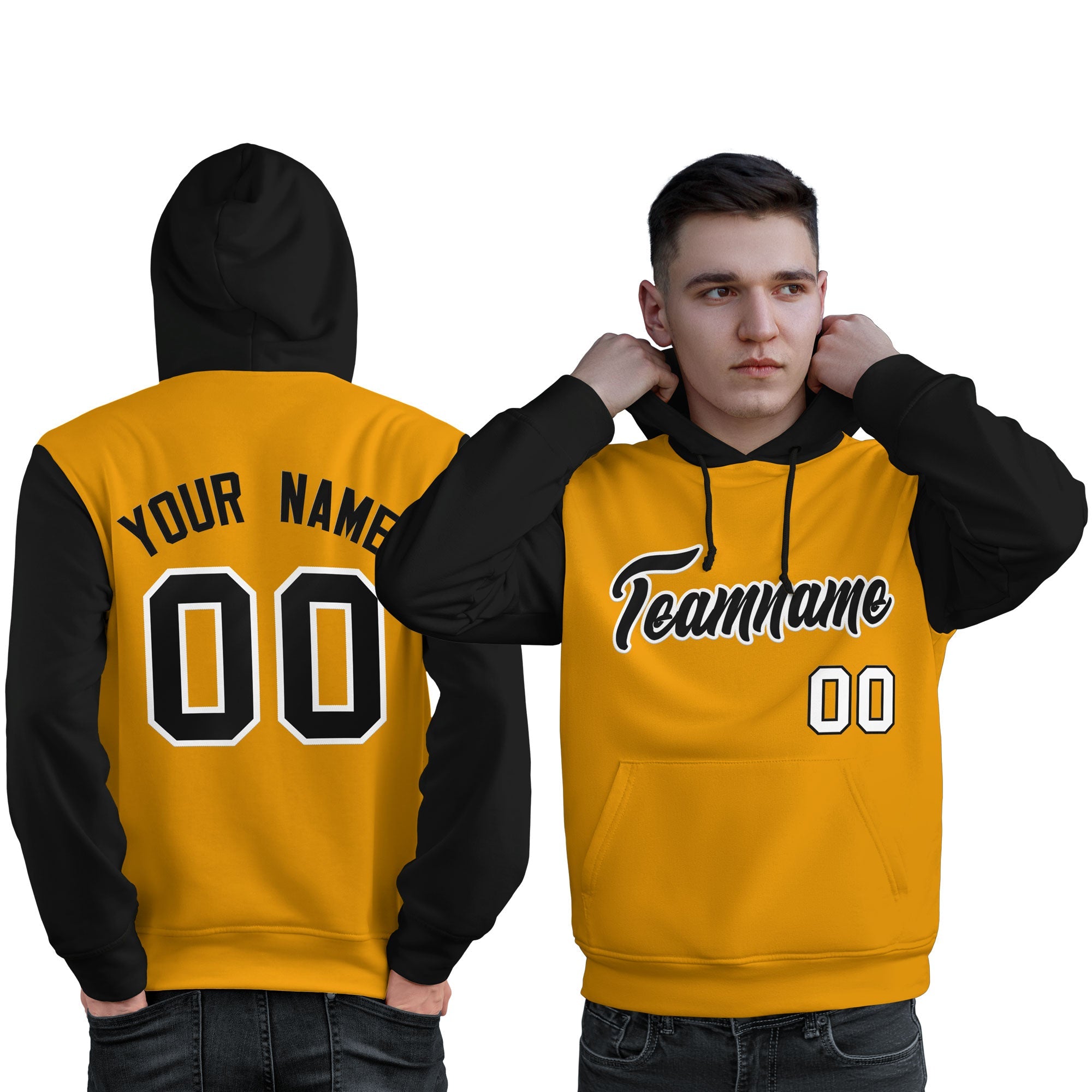 Custom Gold Black-White Raglan Sleeves Pullover Personalized Sweatshirt Hoodie