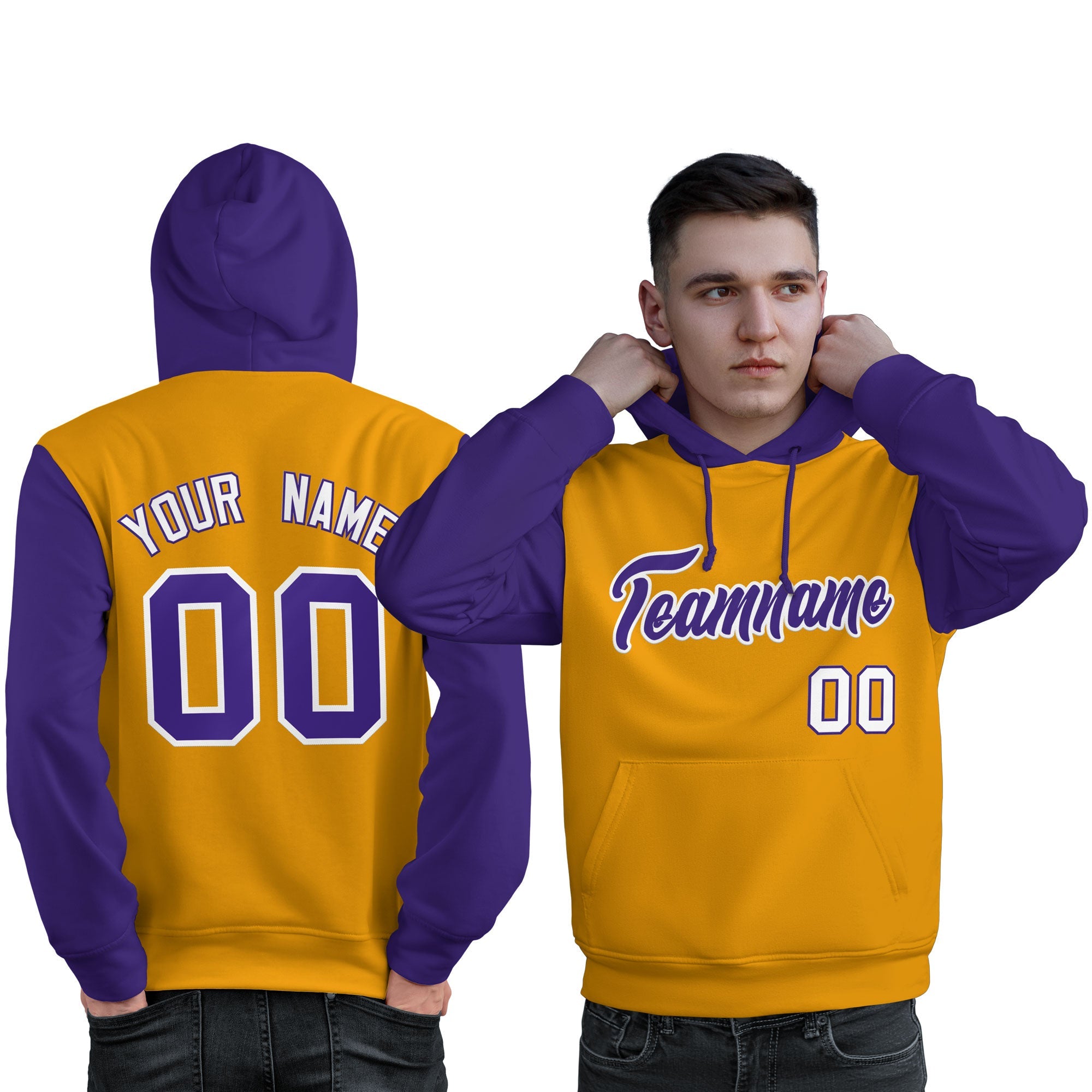 Custom Gold Purple-White Raglan Sleeves Pullover Personalized Sweatshirt Hoodie