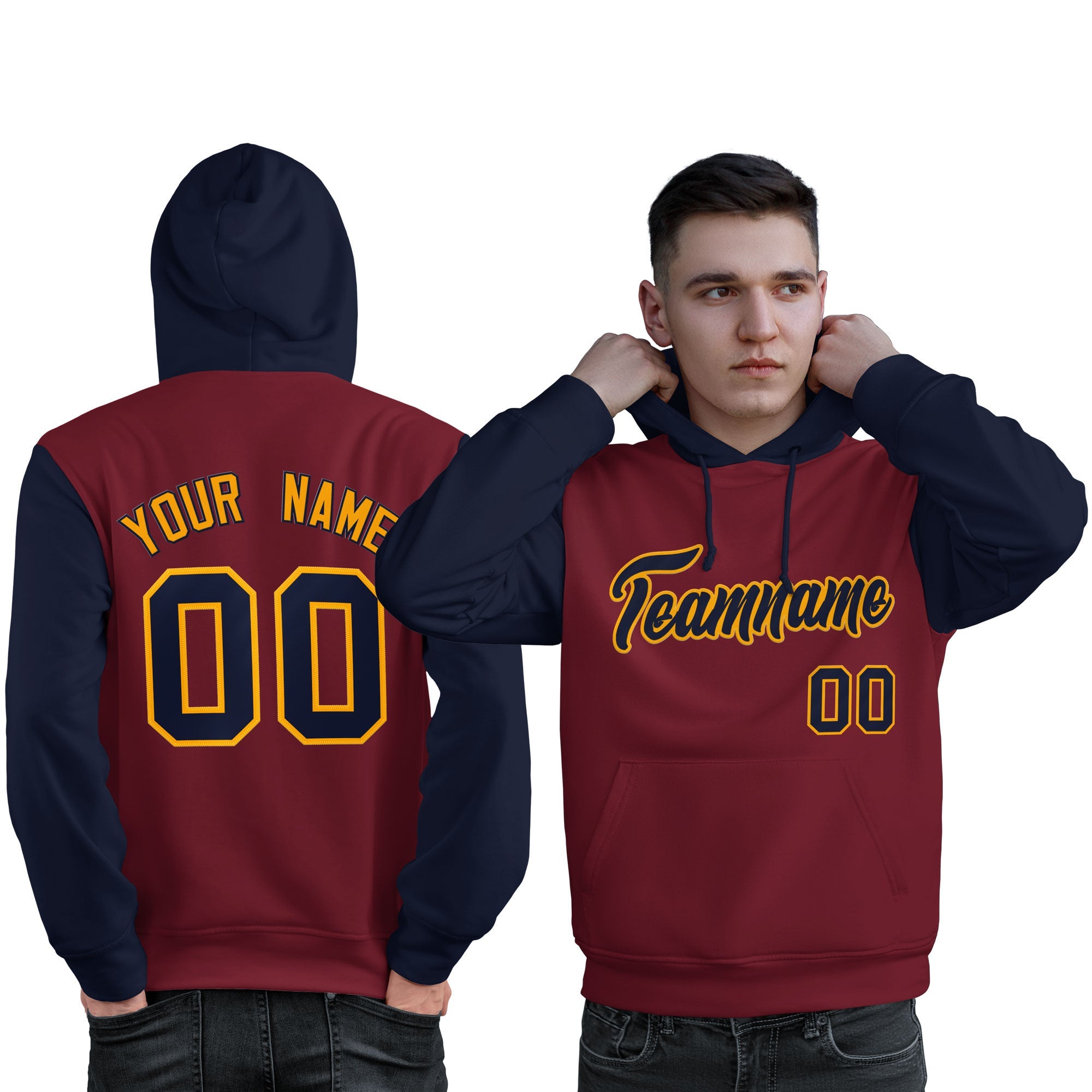 Custom Crimson Navy-Gold Raglan Sleeves Pullover Personalized Sweatshirt Hoodie