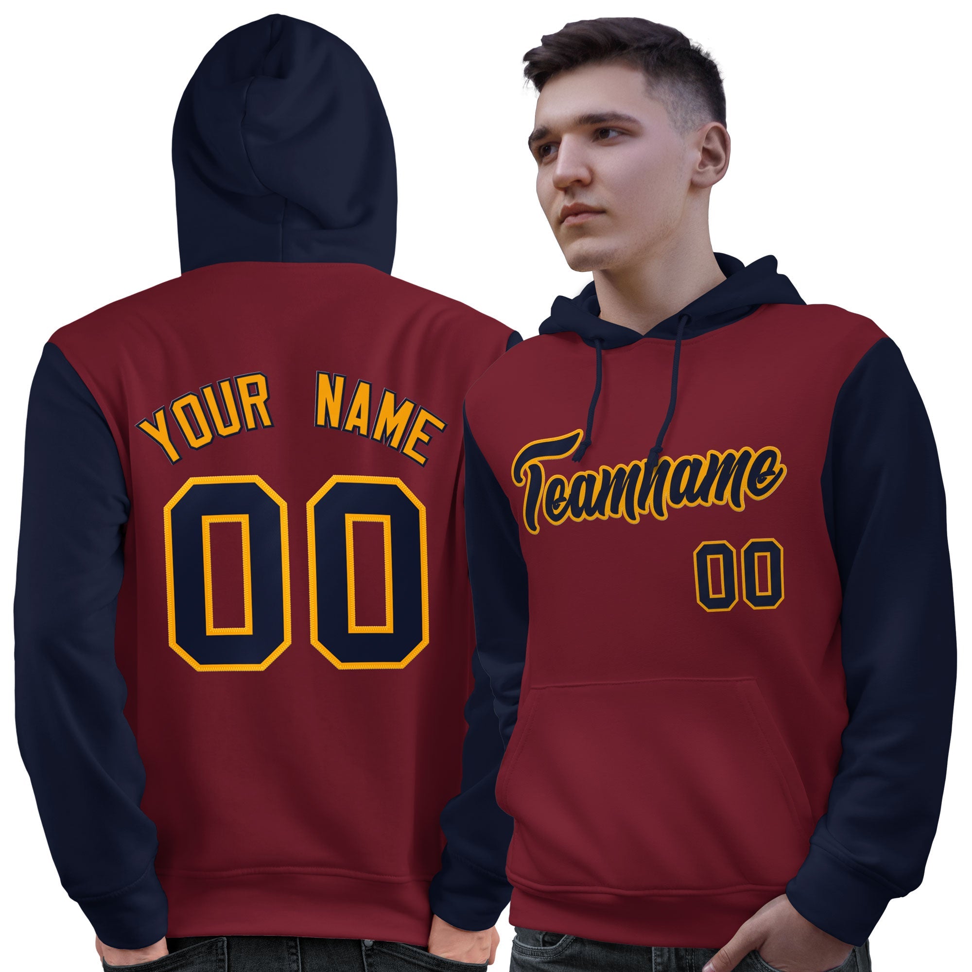 Custom Crimson Navy-Gold Raglan Sleeves Pullover Personalized Sweatshirt Hoodie