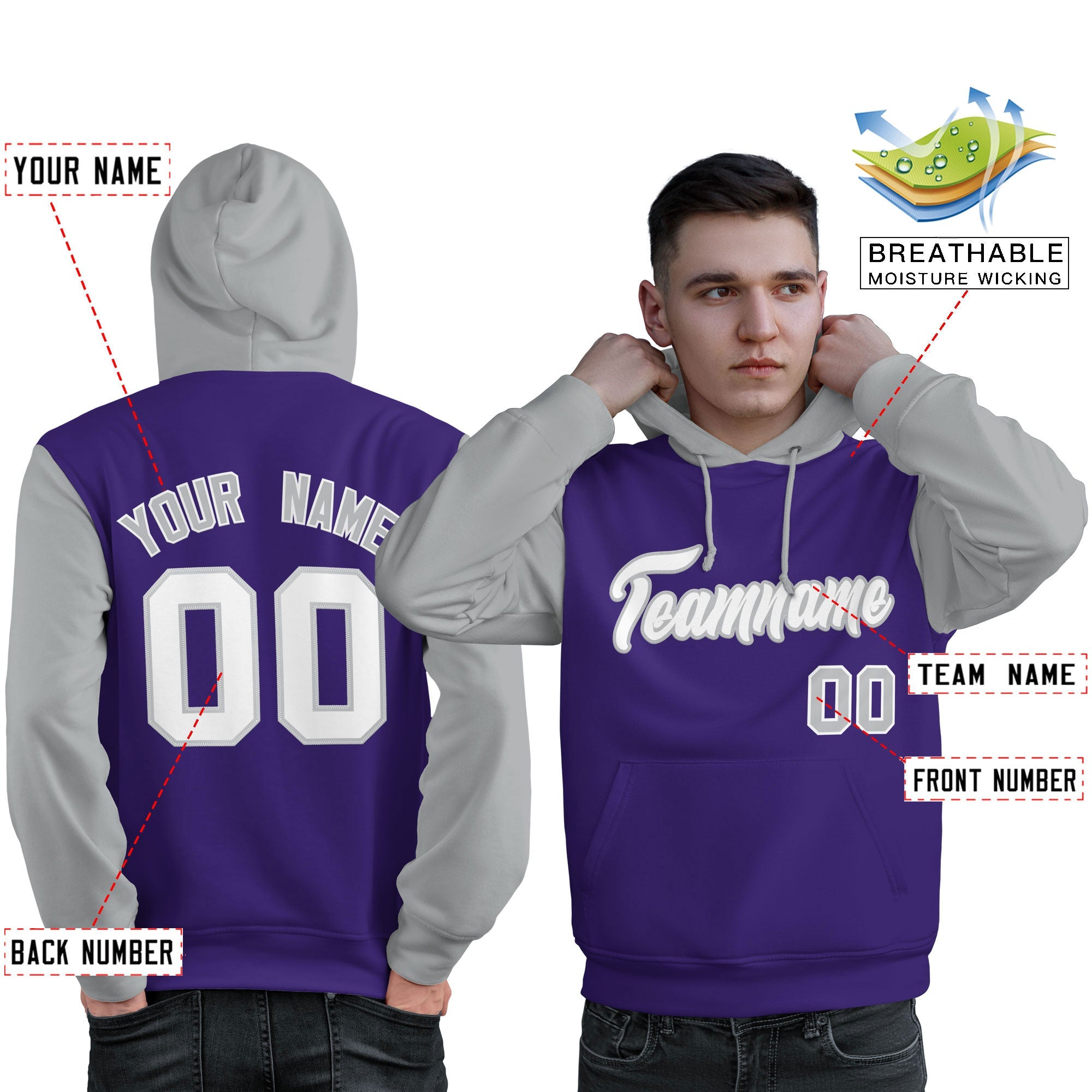 Custom Purple White-Gray Raglan Sleeves Pullover Personalized Sweatshirt Hoodie