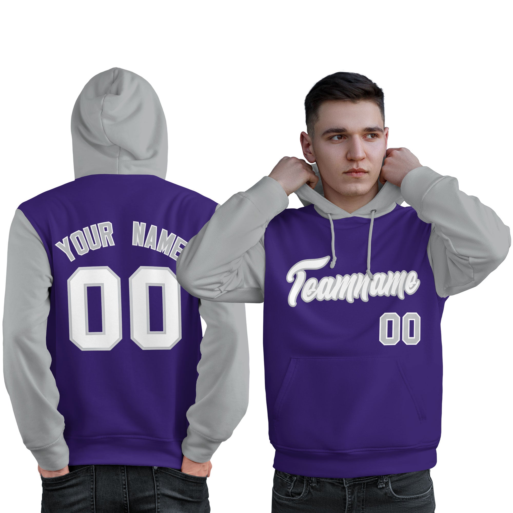 Custom Purple White-Gray Raglan Sleeves Pullover Personalized Sweatshirt Hoodie