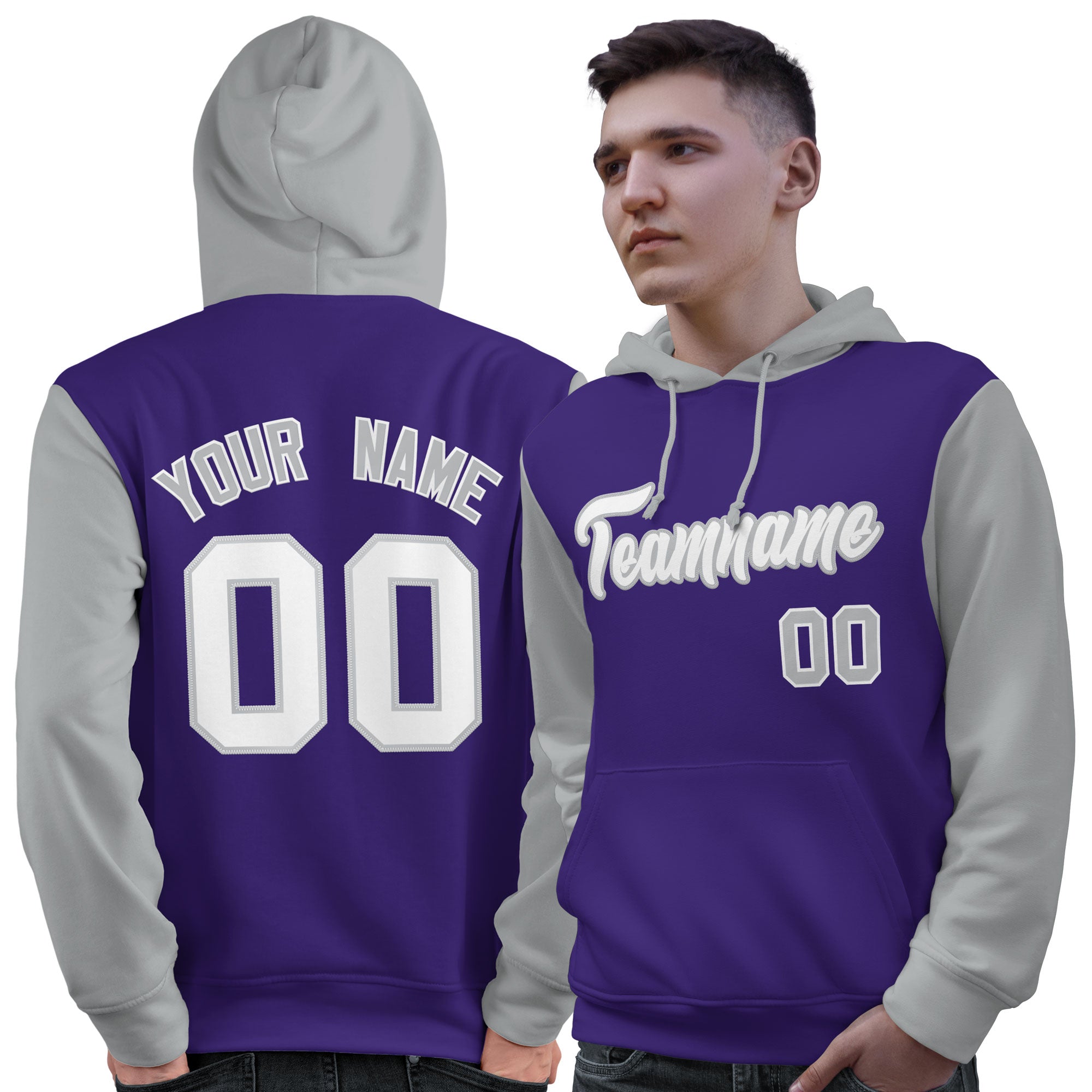 Custom Purple White-Gray Raglan Sleeves Pullover Personalized Sweatshirt Hoodie