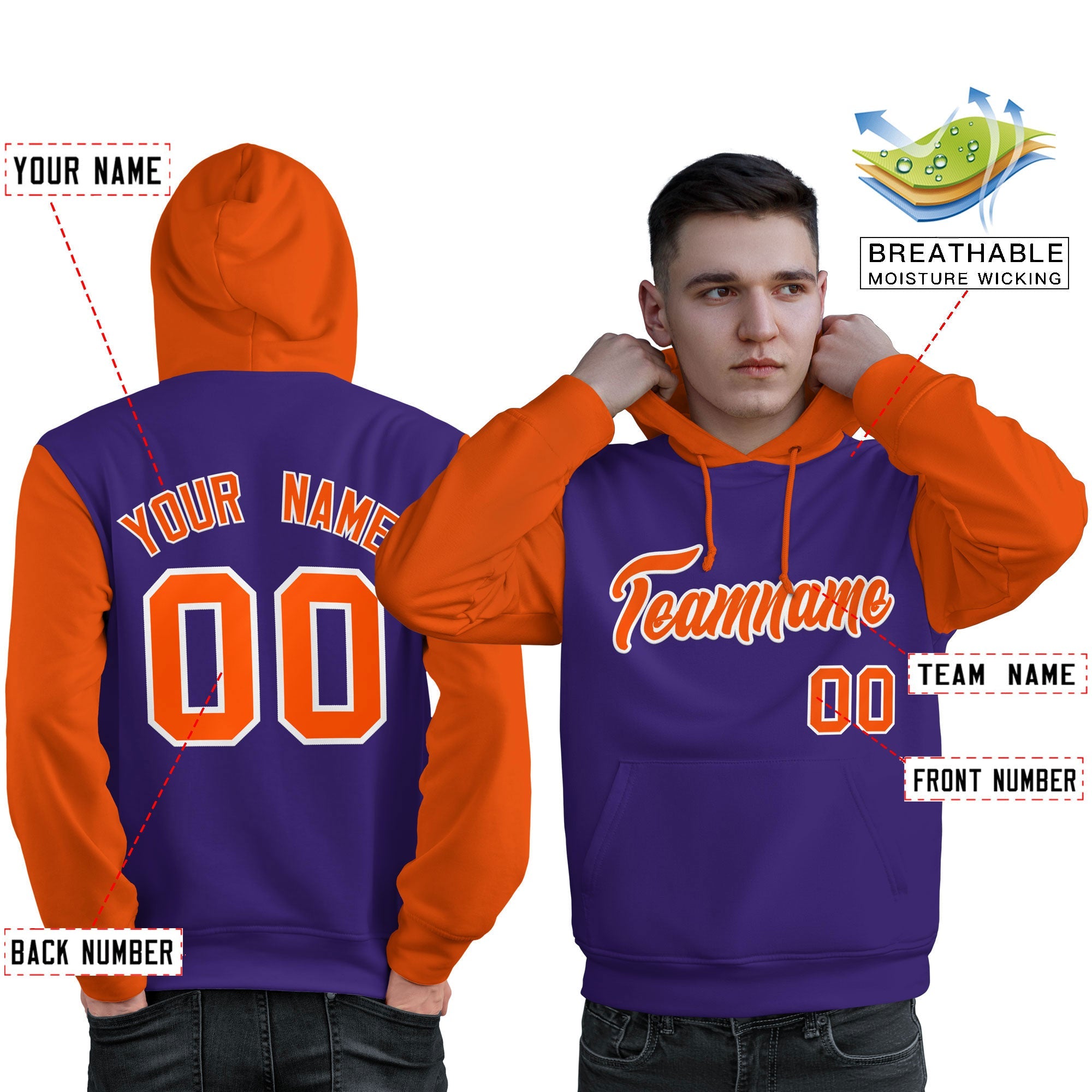 Custom Purple Orange-White Raglan Sleeves Pullover Personalized Sweatshirt Hoodie