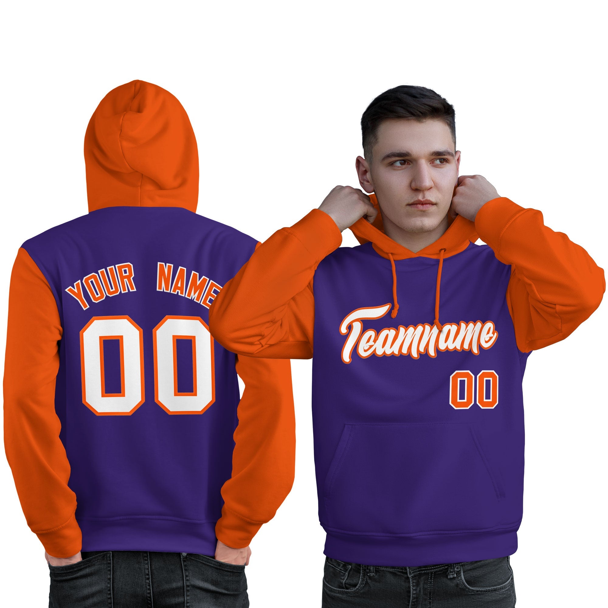 Custom Purple White-Orange Raglan Sleeves Pullover Personalized Sweatshirt Hoodie