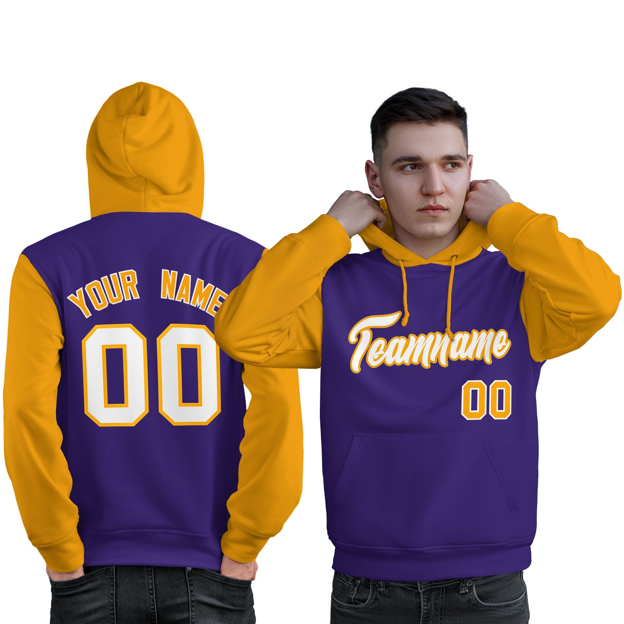 Custom Purple White-Gold Raglan Sleeves Pullover Personalized Sweatshirt Hoodie