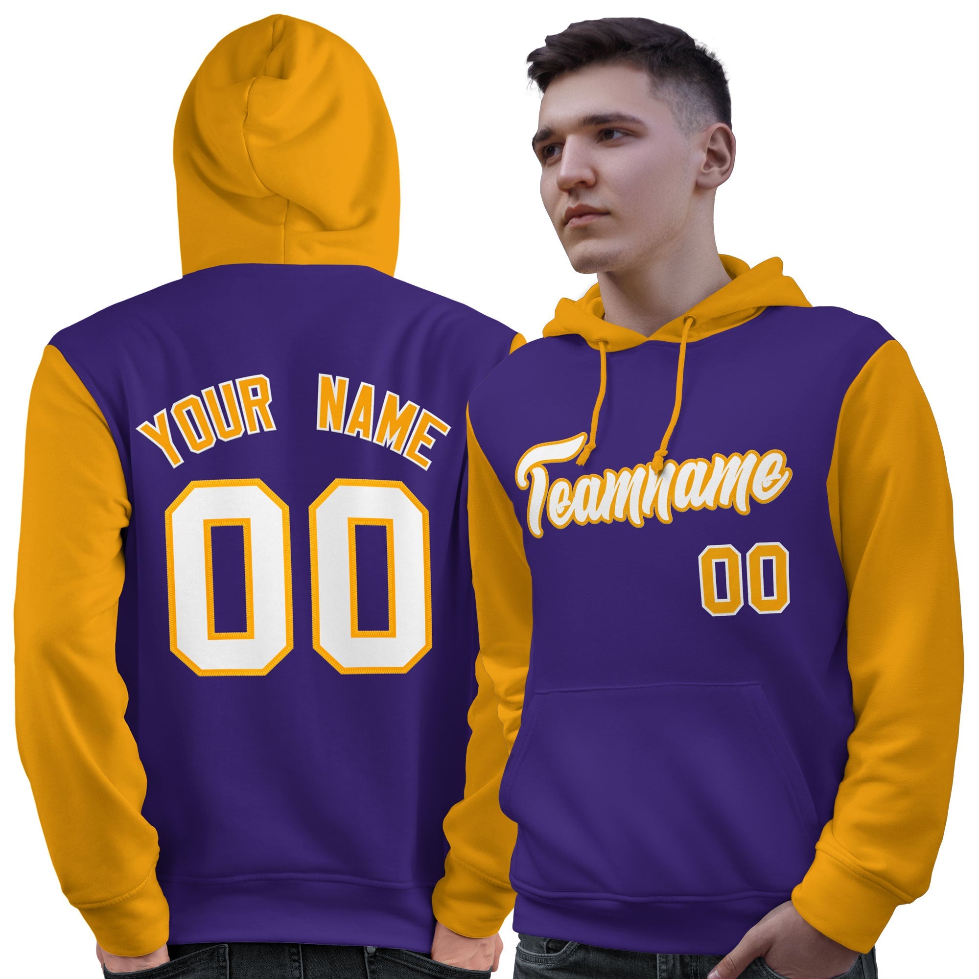 Custom Purple White-Gold Raglan Sleeves Pullover Personalized Sweatshirt Hoodie