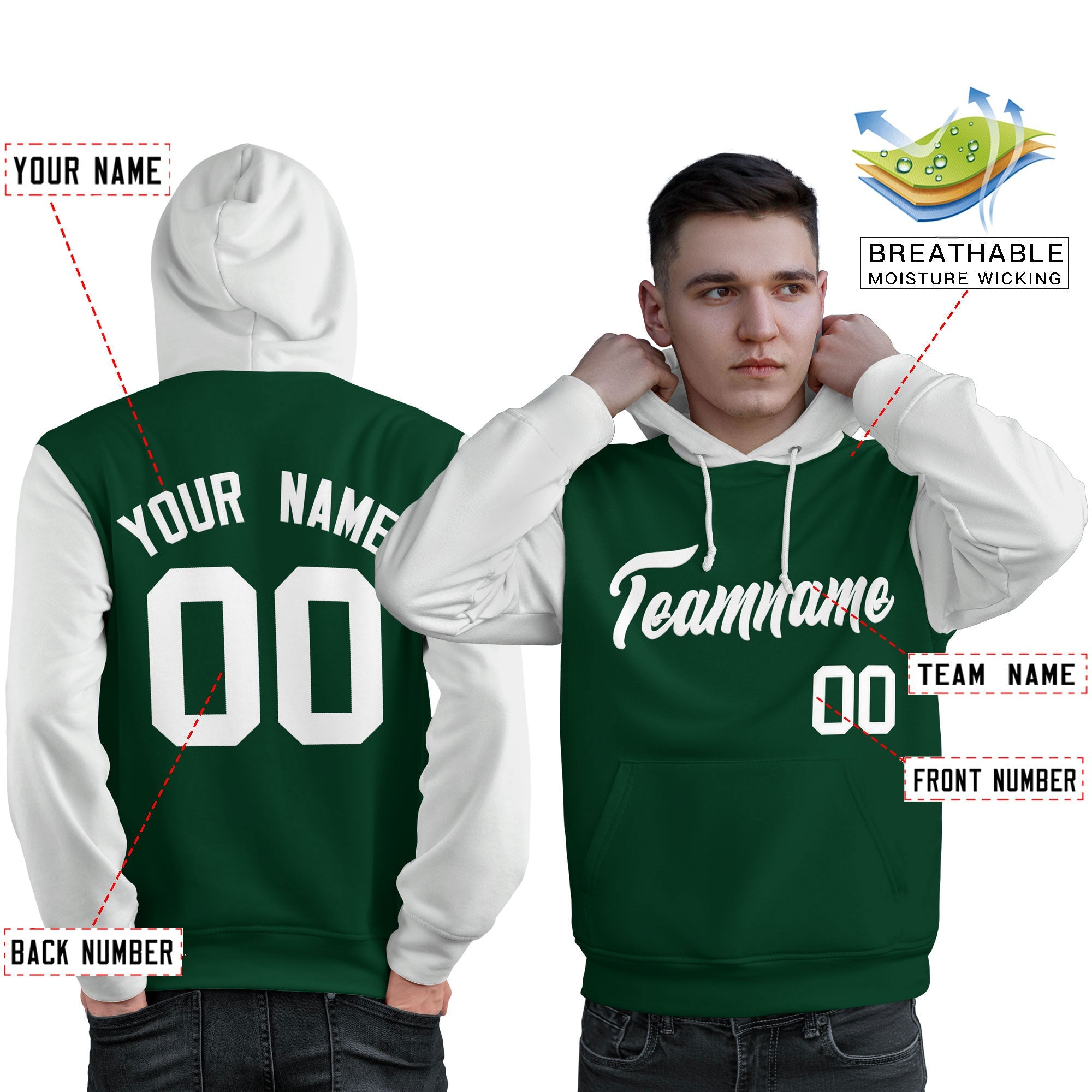 Custom Green White Raglan Sleeves Pullover Personalized Sweatshirt Hoodie