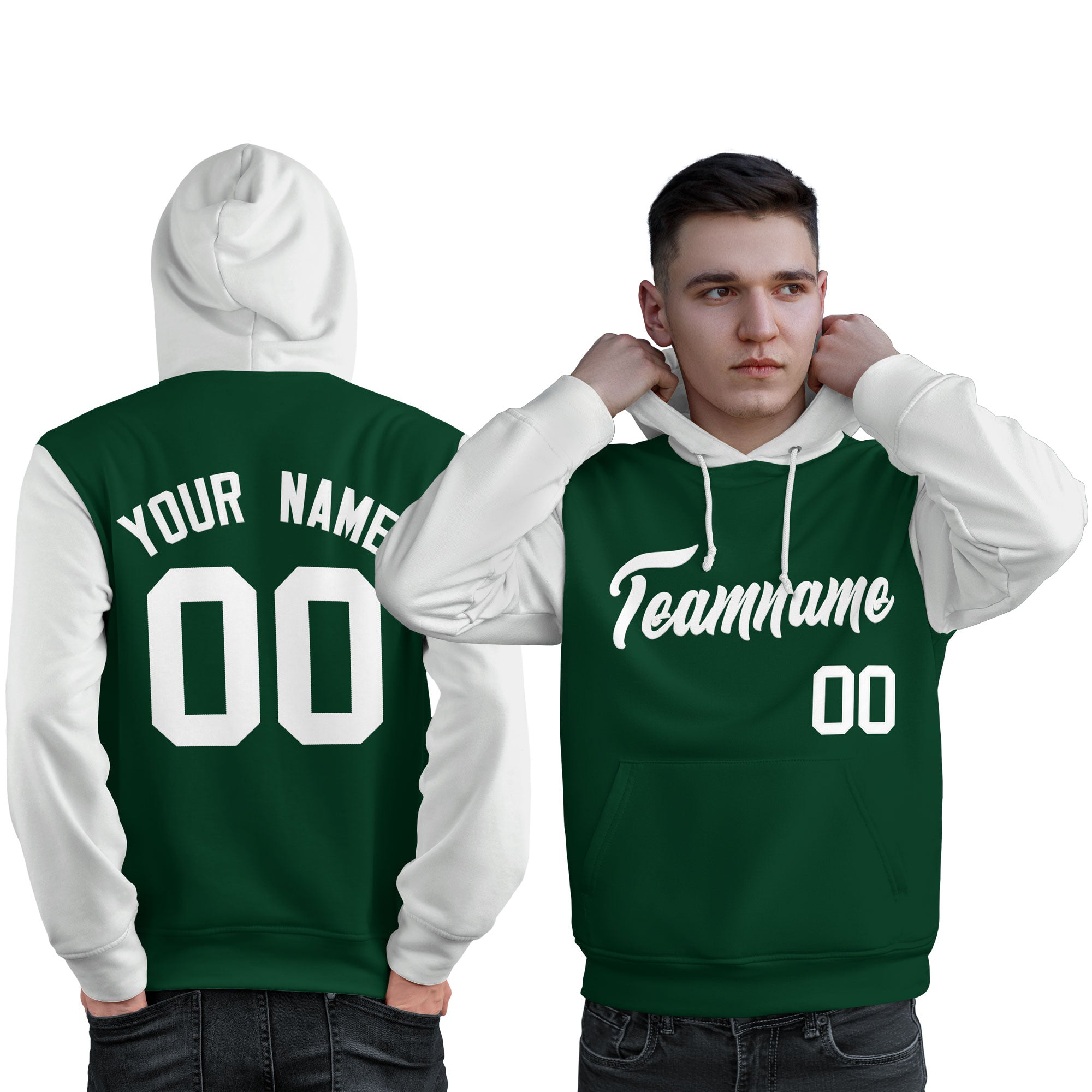 Custom Green White Raglan Sleeves Pullover Personalized Sweatshirt Hoodie