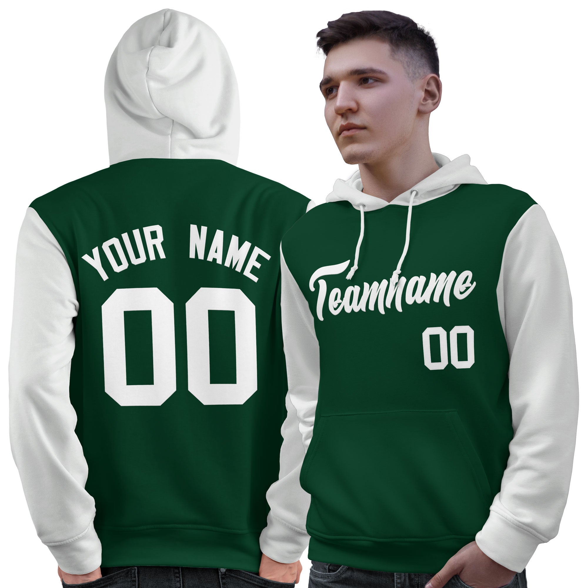 Custom Green White Raglan Sleeves Pullover Personalized Sweatshirt Hoodie