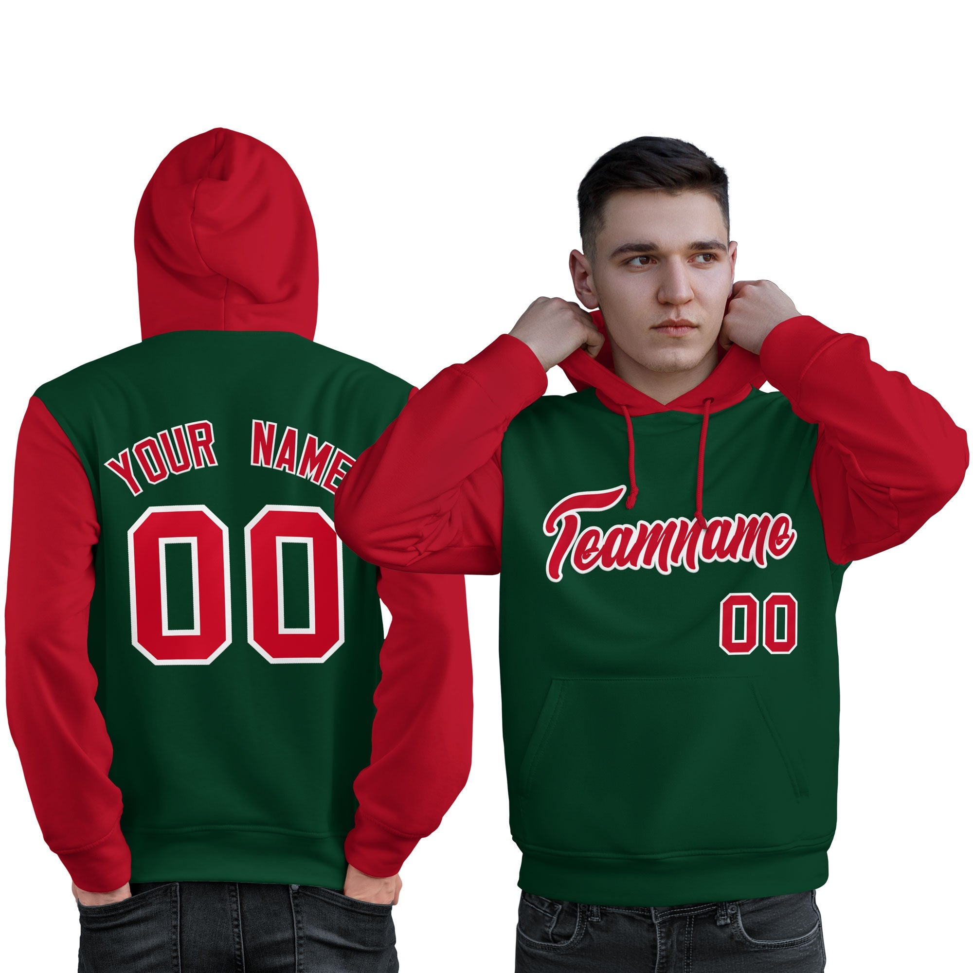 Custom Green Red-White Raglan Sleeves Pullover Personalized Sweatshirt Hoodie