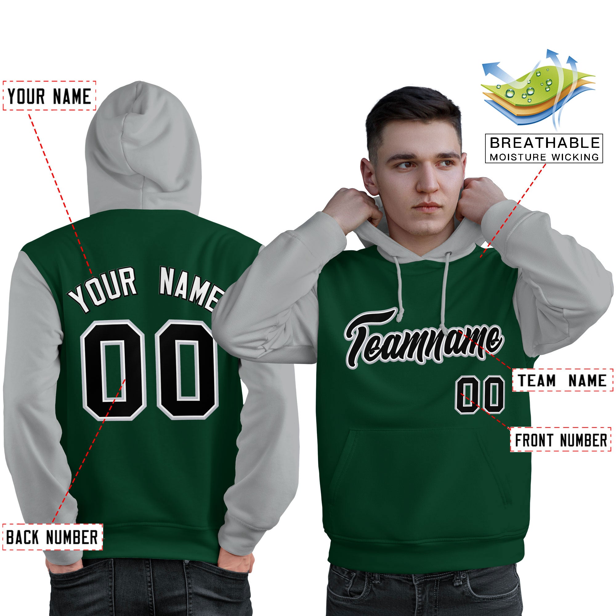 Custom Green Black-Gray Raglan Sleeves Pullover Personalized Sweatshirt Hoodie