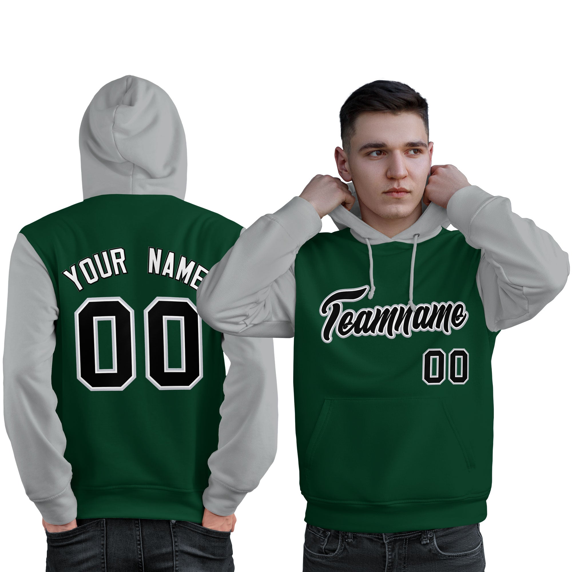 Custom Green Black-Gray Raglan Sleeves Pullover Personalized Sweatshirt Hoodie