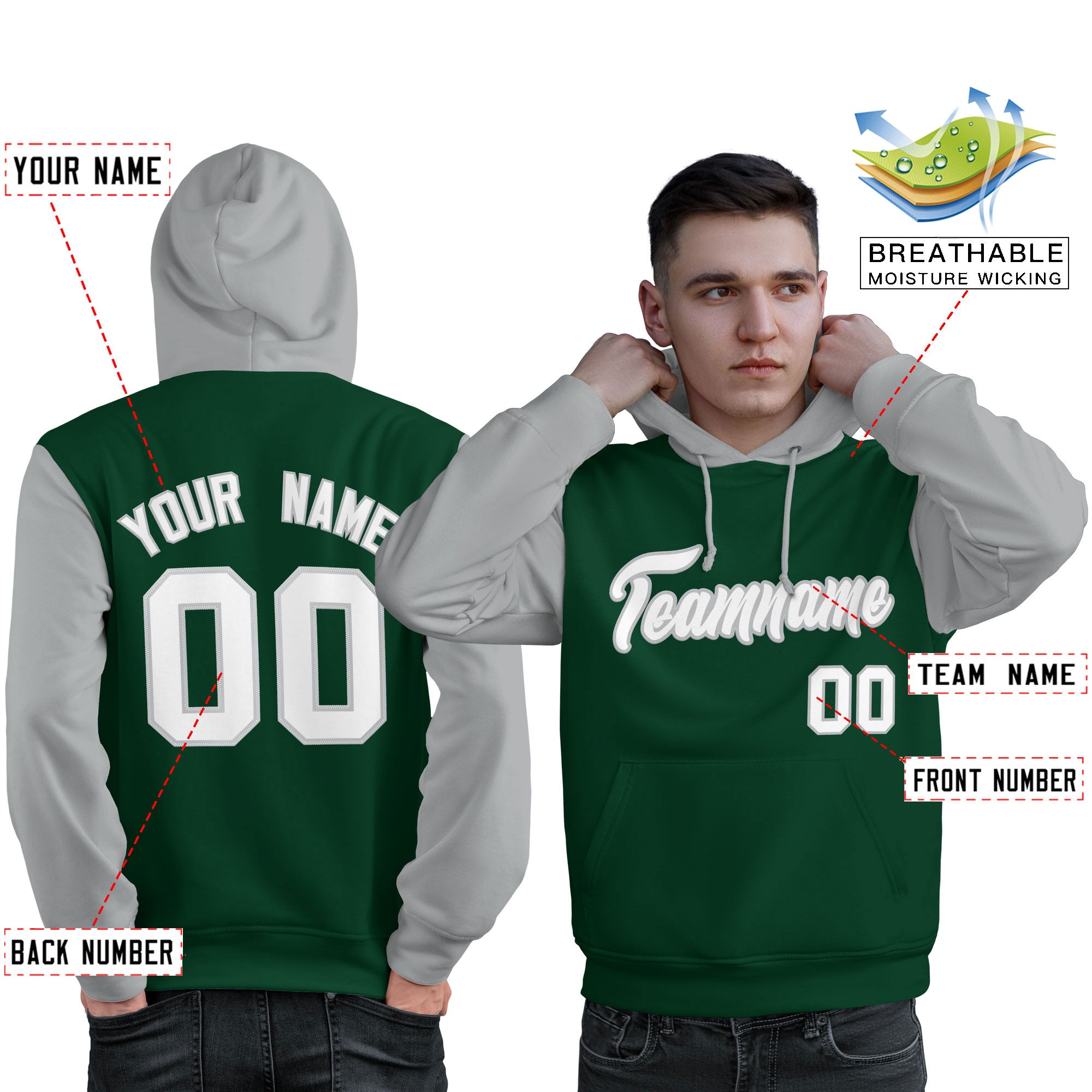 Custom Green White-Gray Raglan Sleeves Pullover Personalized Sweatshirt Hoodie