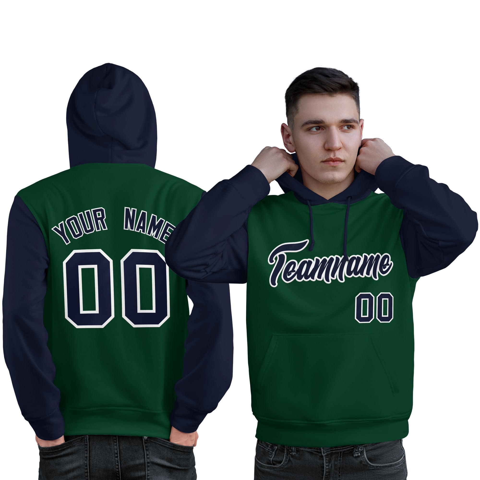 Custom Green Navy-White Raglan Sleeves Pullover Personalized Sweatshirt Hoodie